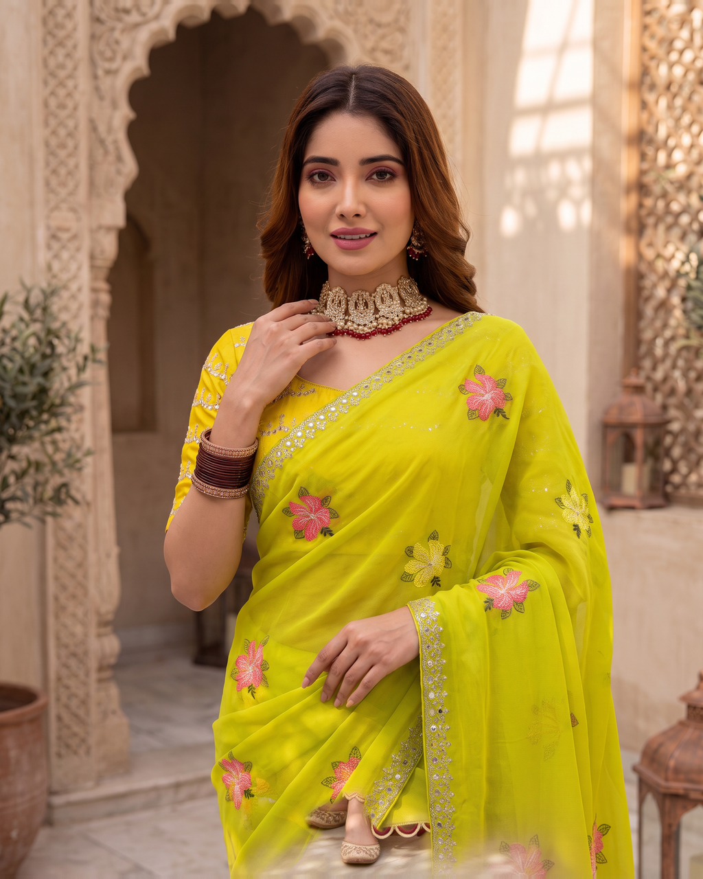 Myra Mirror Work Festive Saree with Sparkle Border - Lime - upper closeup