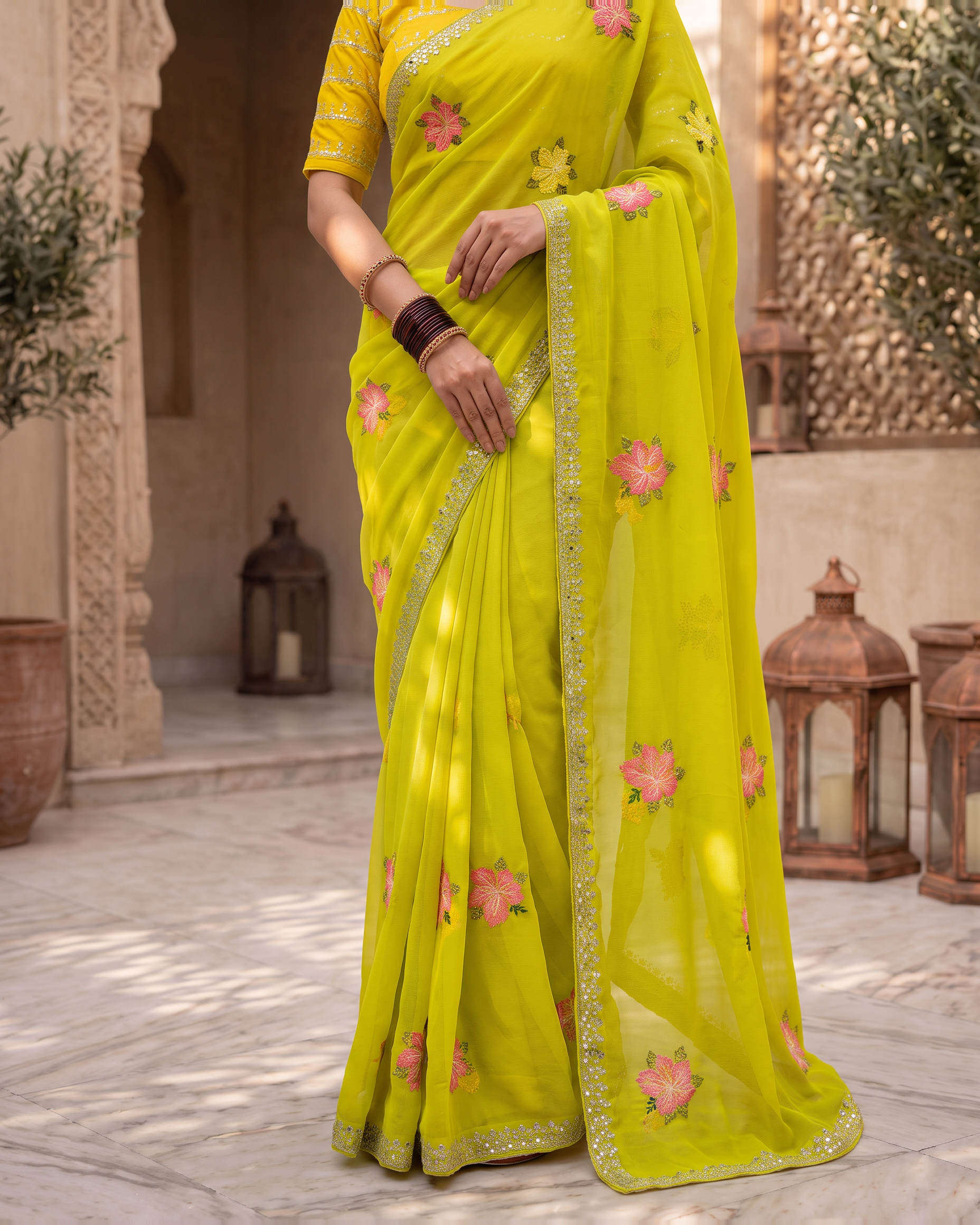 Myra Mirror Work Festive Saree with Sparkle Border - Lime - lower closeup