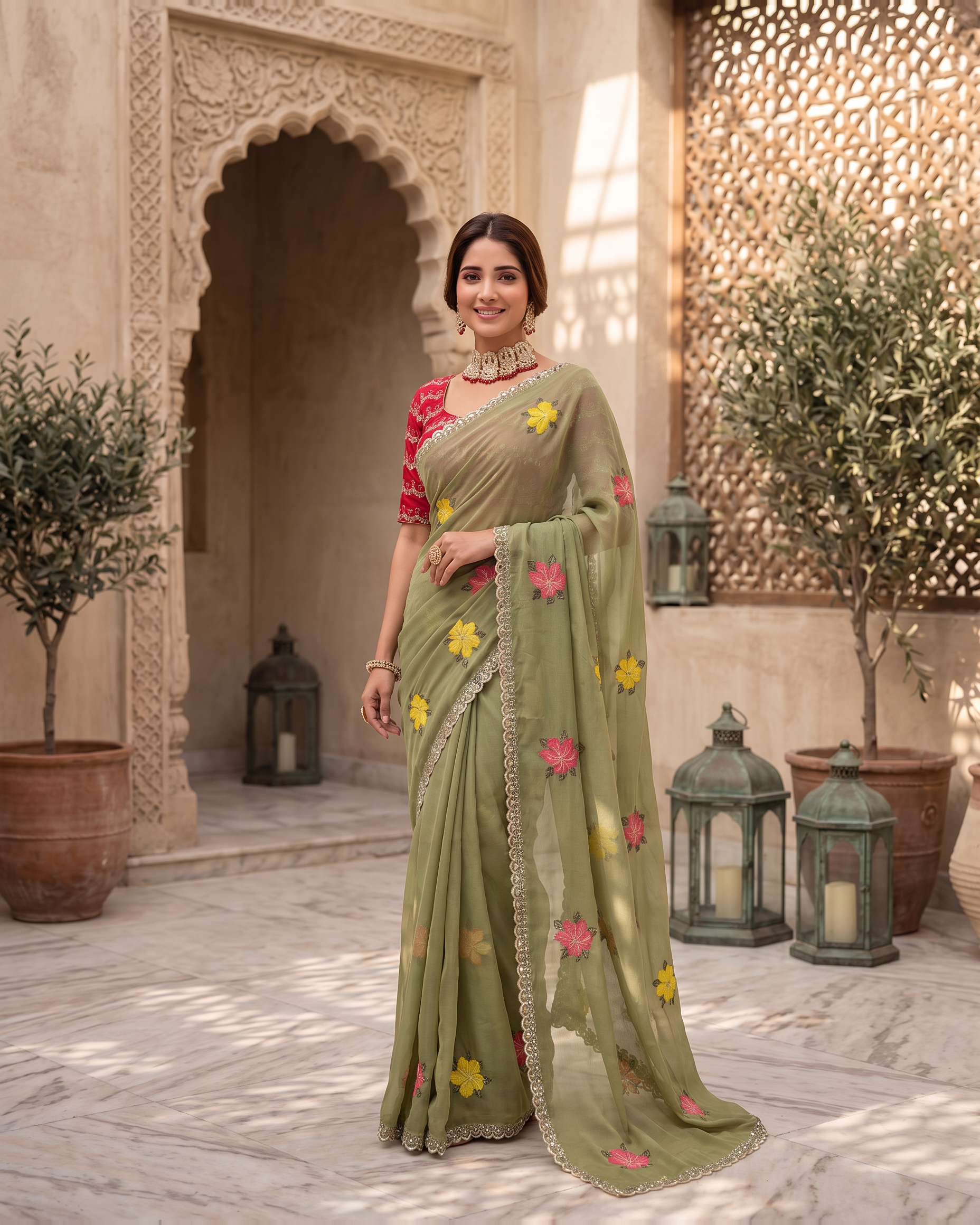 Myra Mirror Work Festive Saree with Sparkle Border - Olive - full saree hero