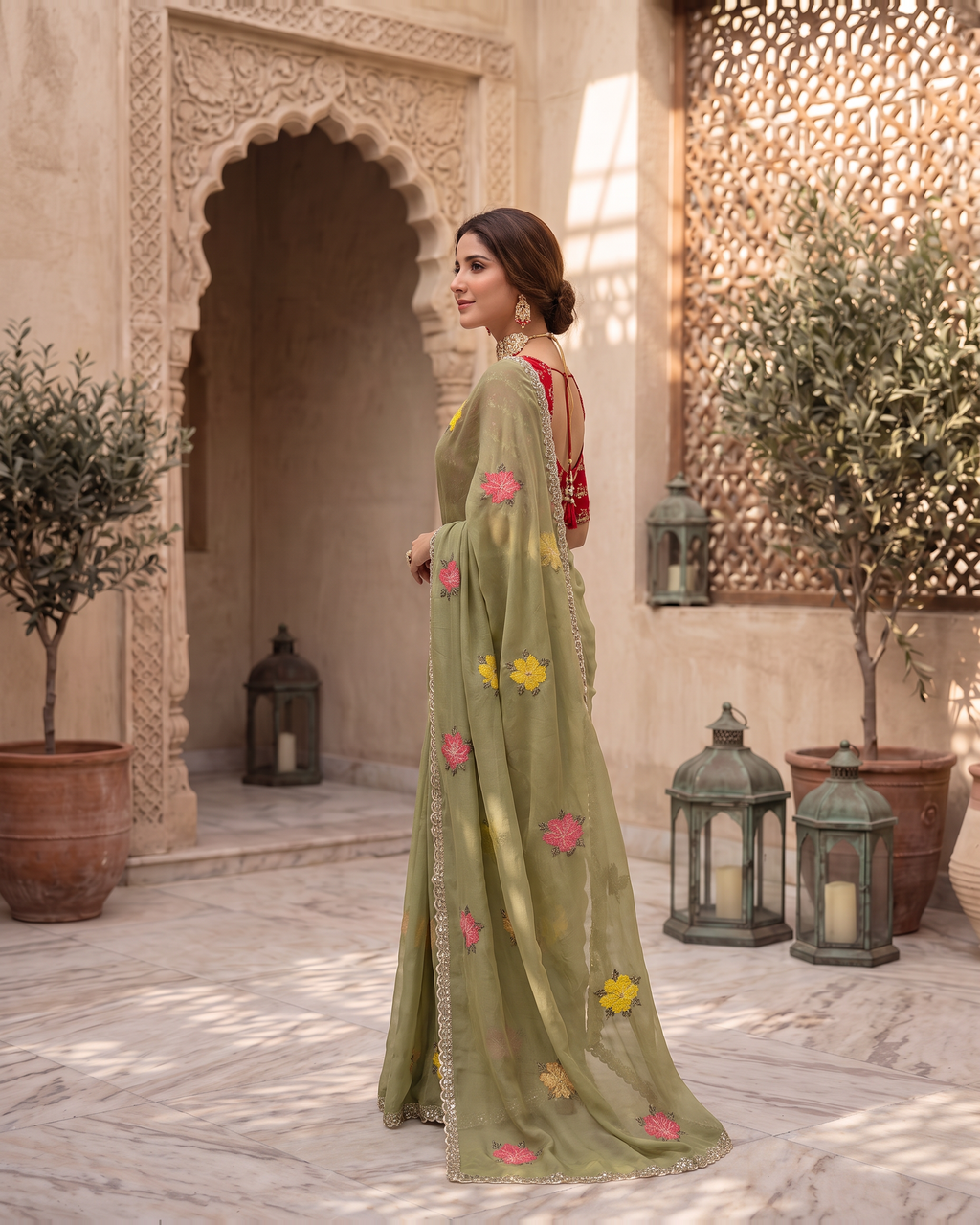 Myra Mirror Work Festive Saree with Sparkle Border - Olive - side
