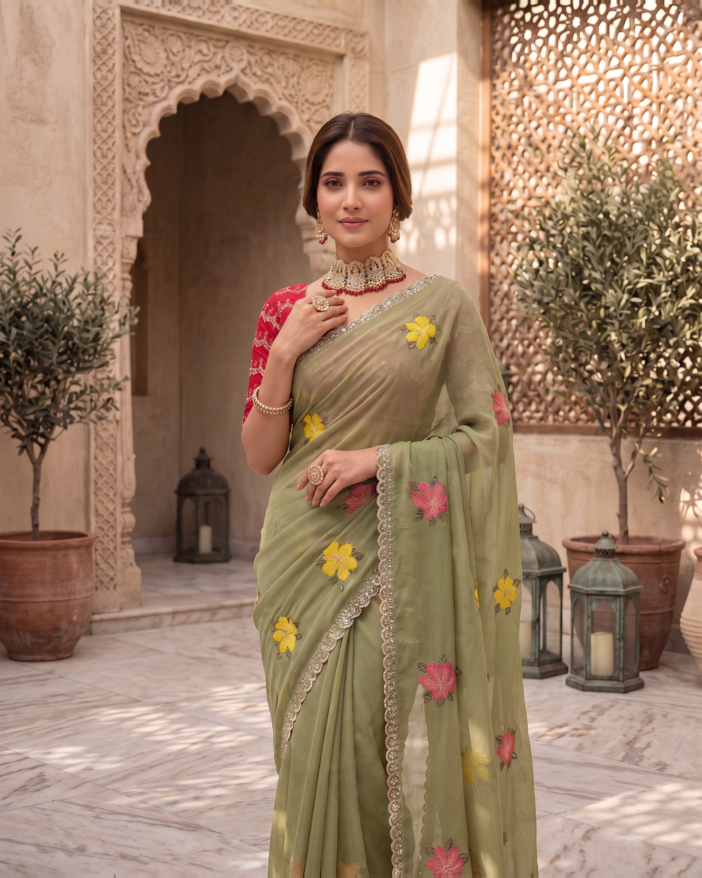 Myra Mirror Work Festive Saree with Sparkle Border - Olive - upper closeup