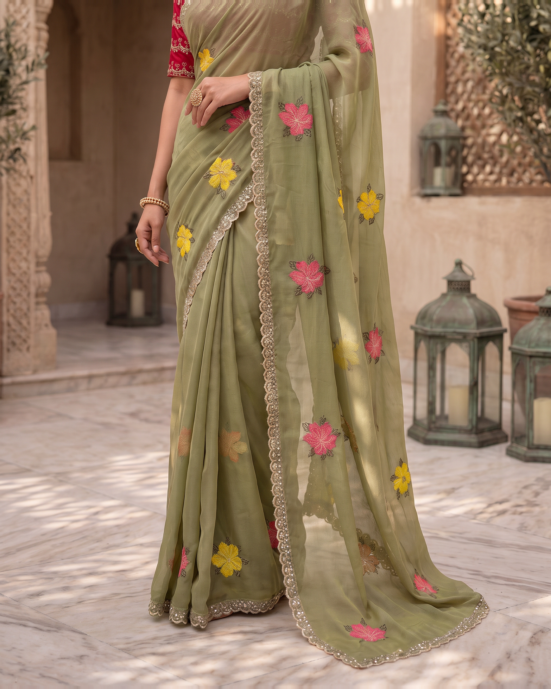 Myra Mirror Work Festive Saree with Sparkle Border - Olive - lower closeup