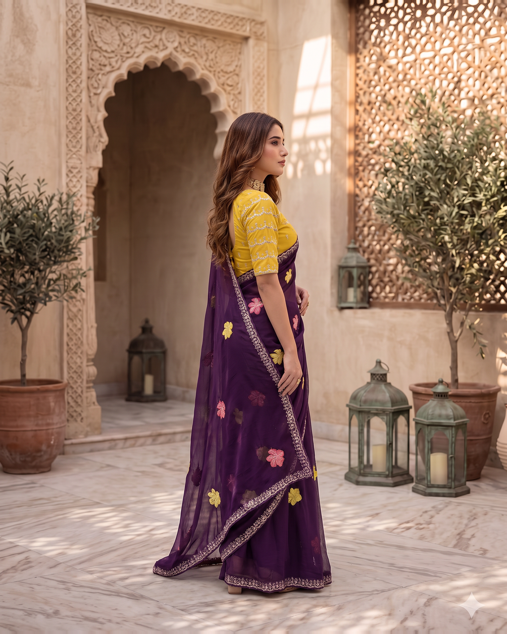Myra Mirror Work Festive Saree with Sparkle Border - Purple - side