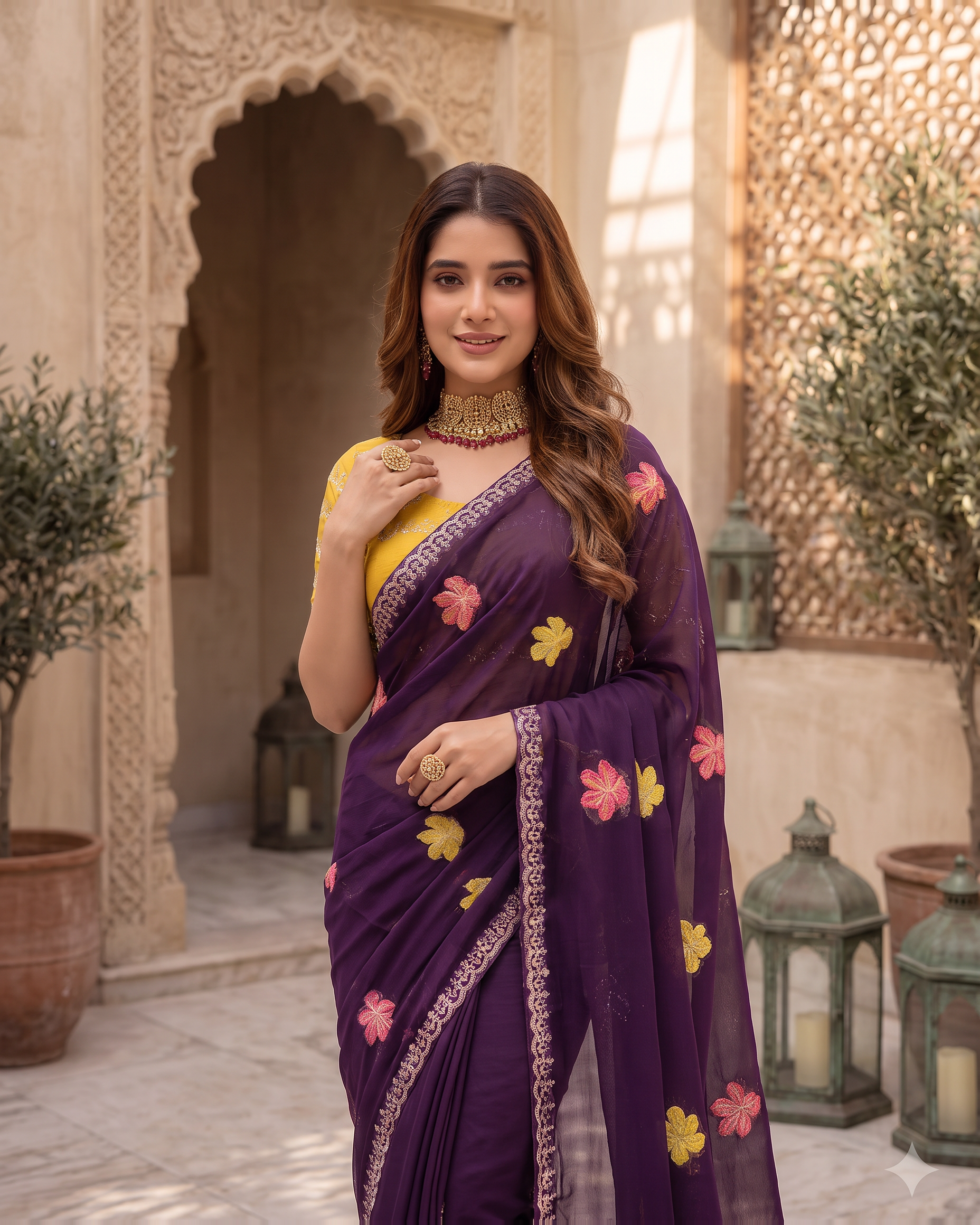 Myra Mirror Work Festive Saree with Sparkle Border - Purple - upper closeup