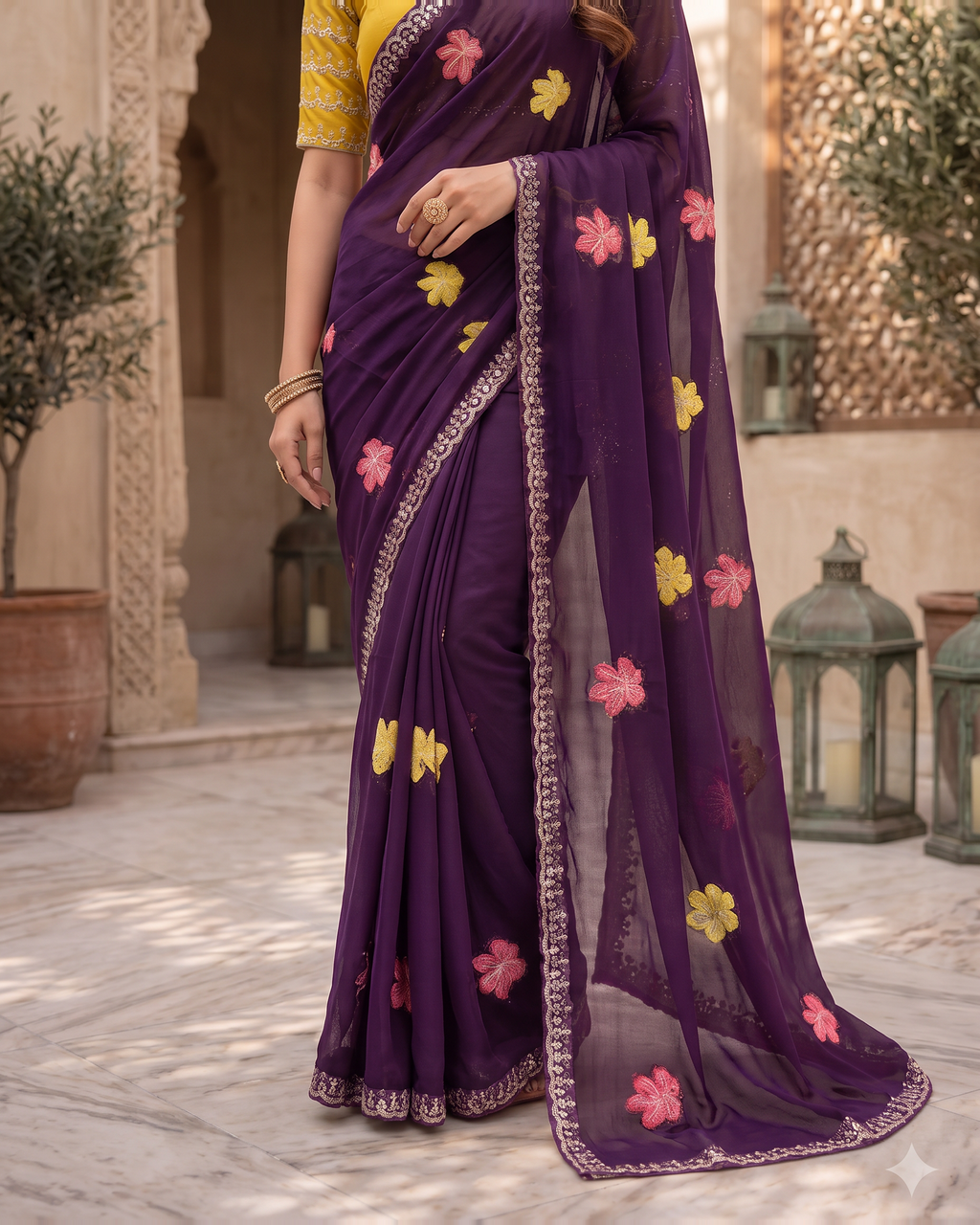 Myra Mirror Work Festive Saree with Sparkle Border - Purple - lower closeup