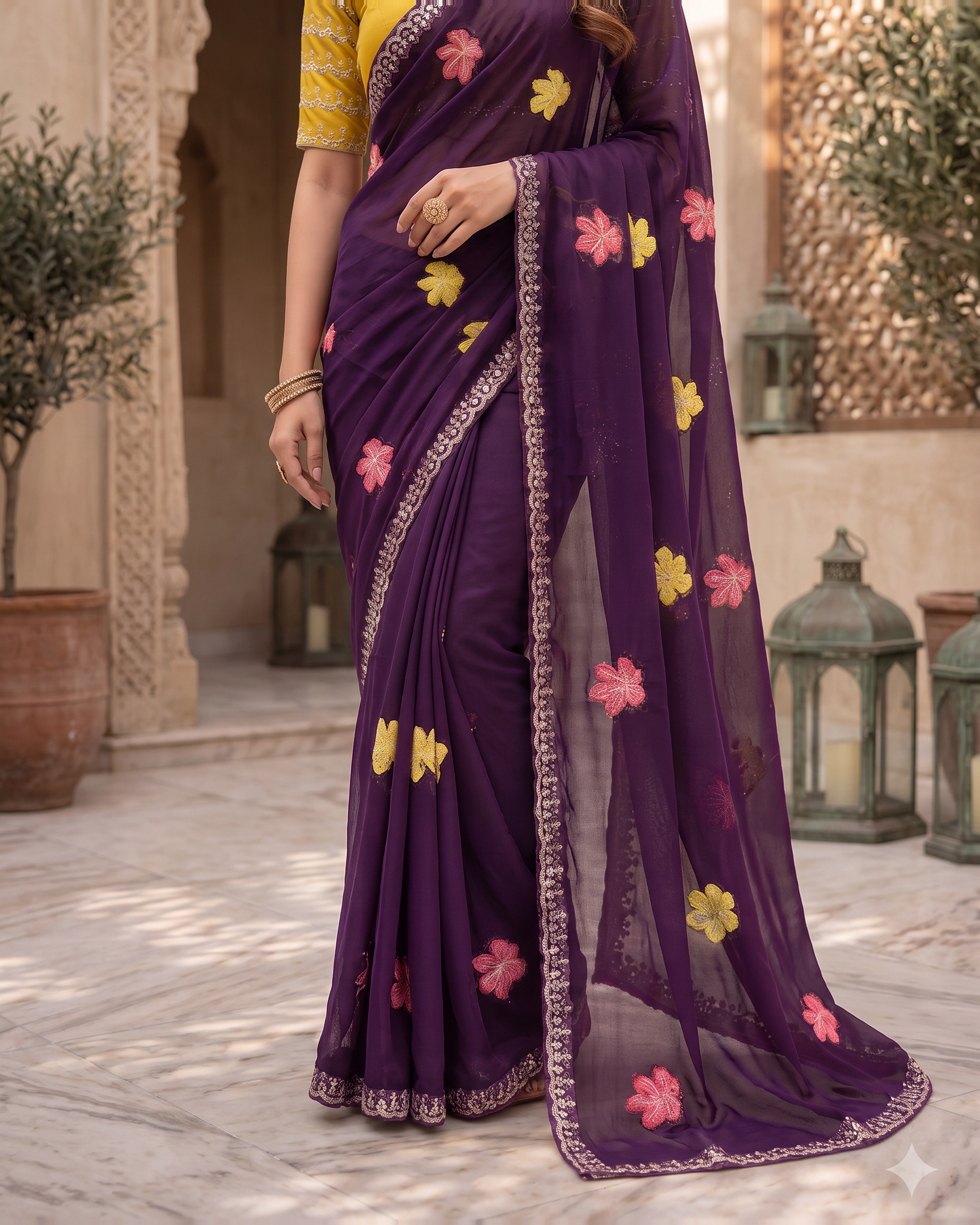 Myra Mirror Work Festive Saree with Sparkle Border - Purple - lower closeup