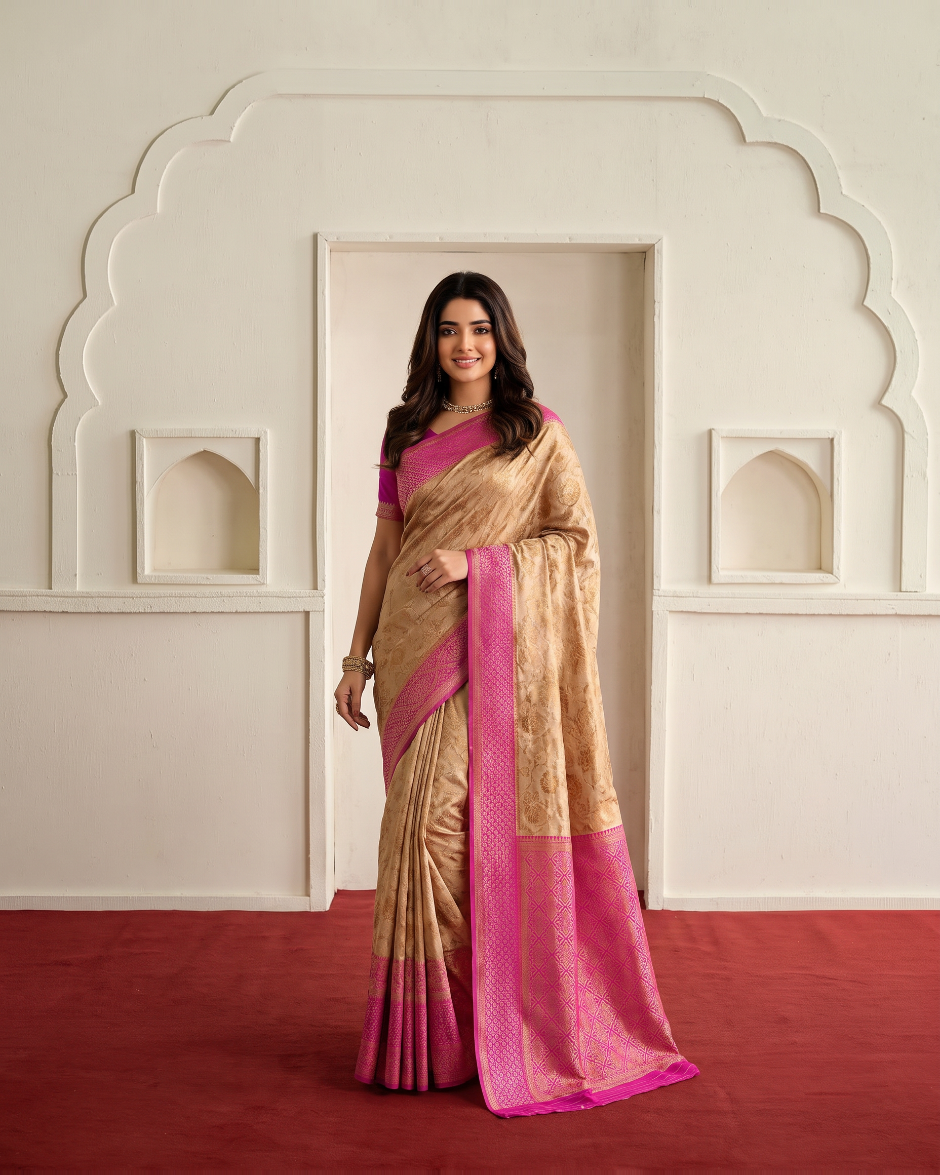 Naira Beige Pink Jaal Festive Saree with Delicate Motifs - Beige Pink - full saree hero