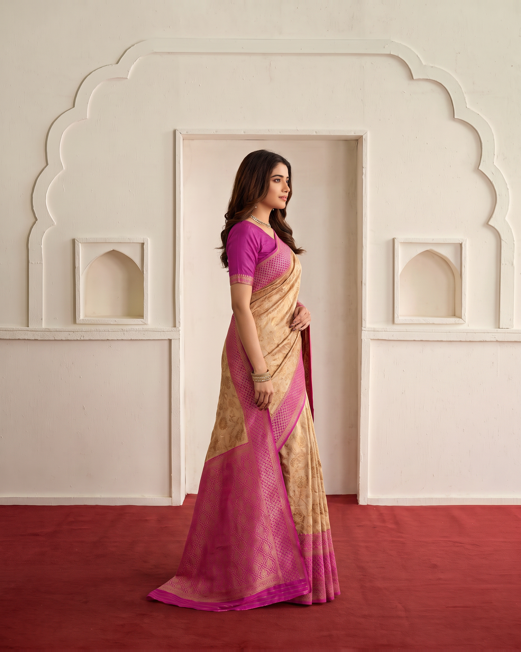 Naira Beige Pink Jaal Festive Saree with Delicate Motifs - Beige Pink - side