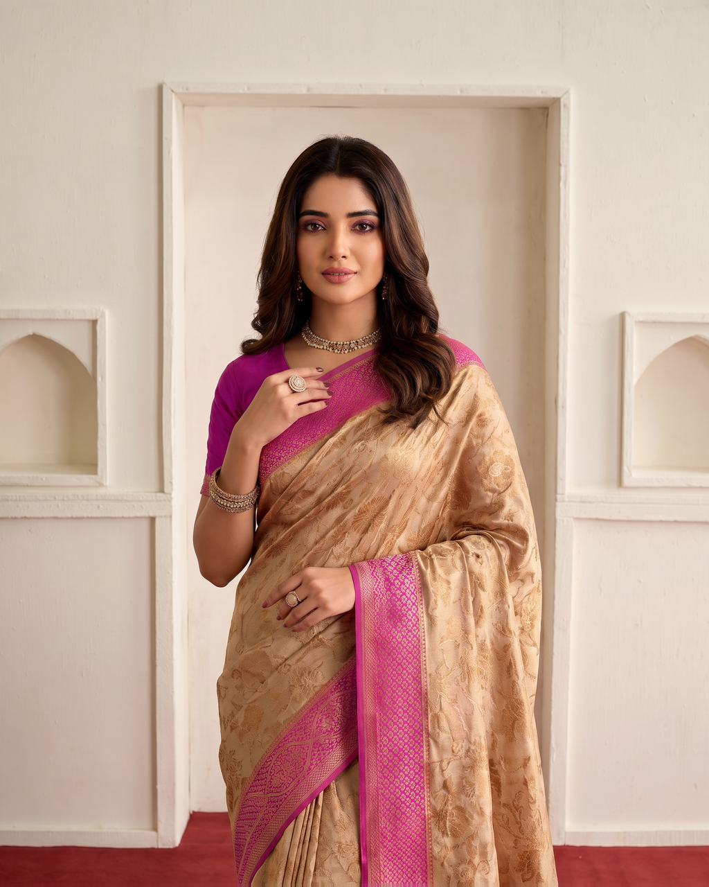 Naira Beige Pink Jaal Festive Saree with Delicate Motifs - Beige Pink - upper closeup
