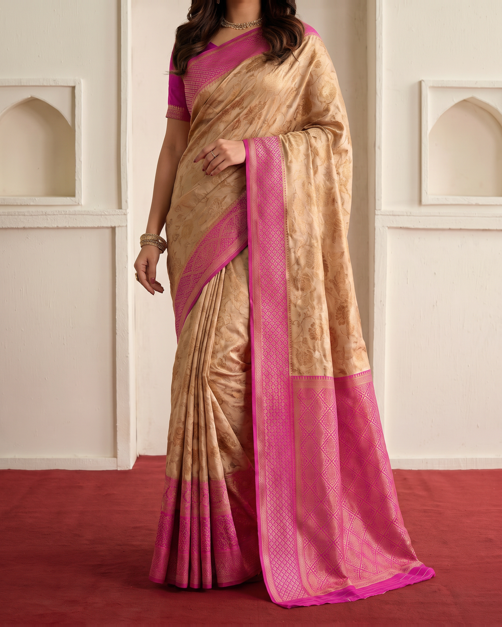 Naira Beige Pink Jaal Festive Saree with Delicate Motifs - Beige Pink - lower closeup