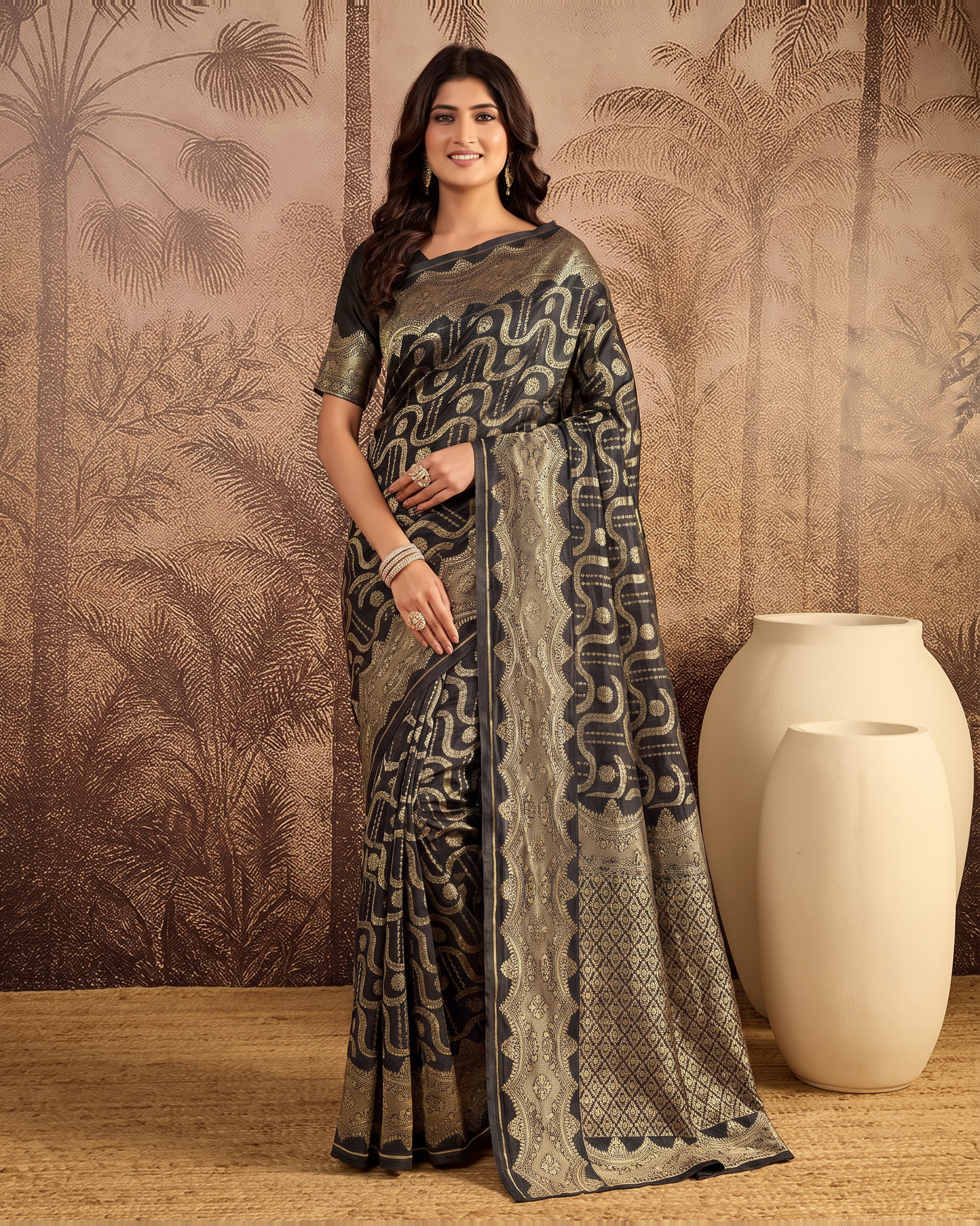 Nandini Dark Zari Border Banarasi Silk Saree - Black - full saree hero