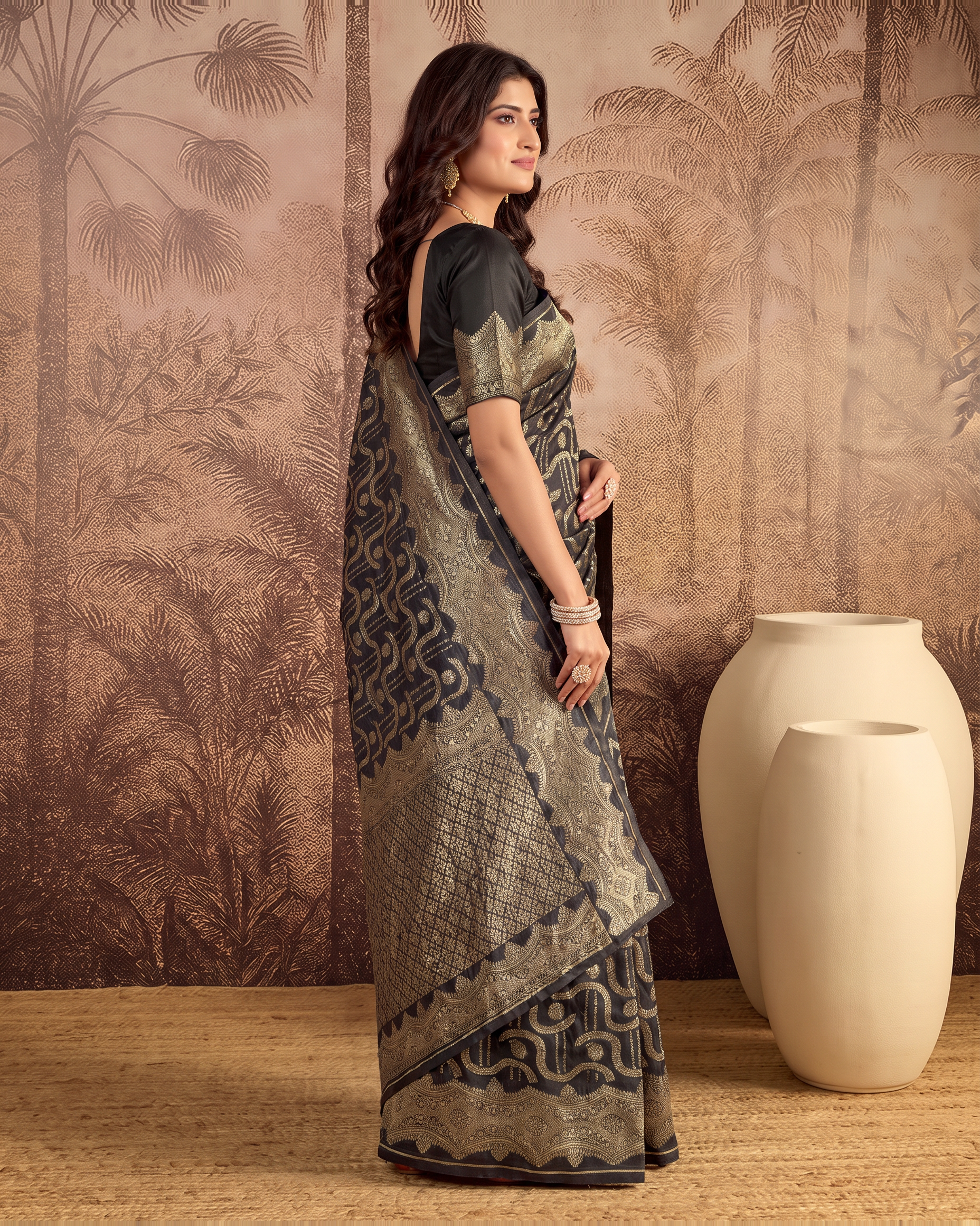Nandini Dark Zari Border Paithani Silk Saree - Black - side drape