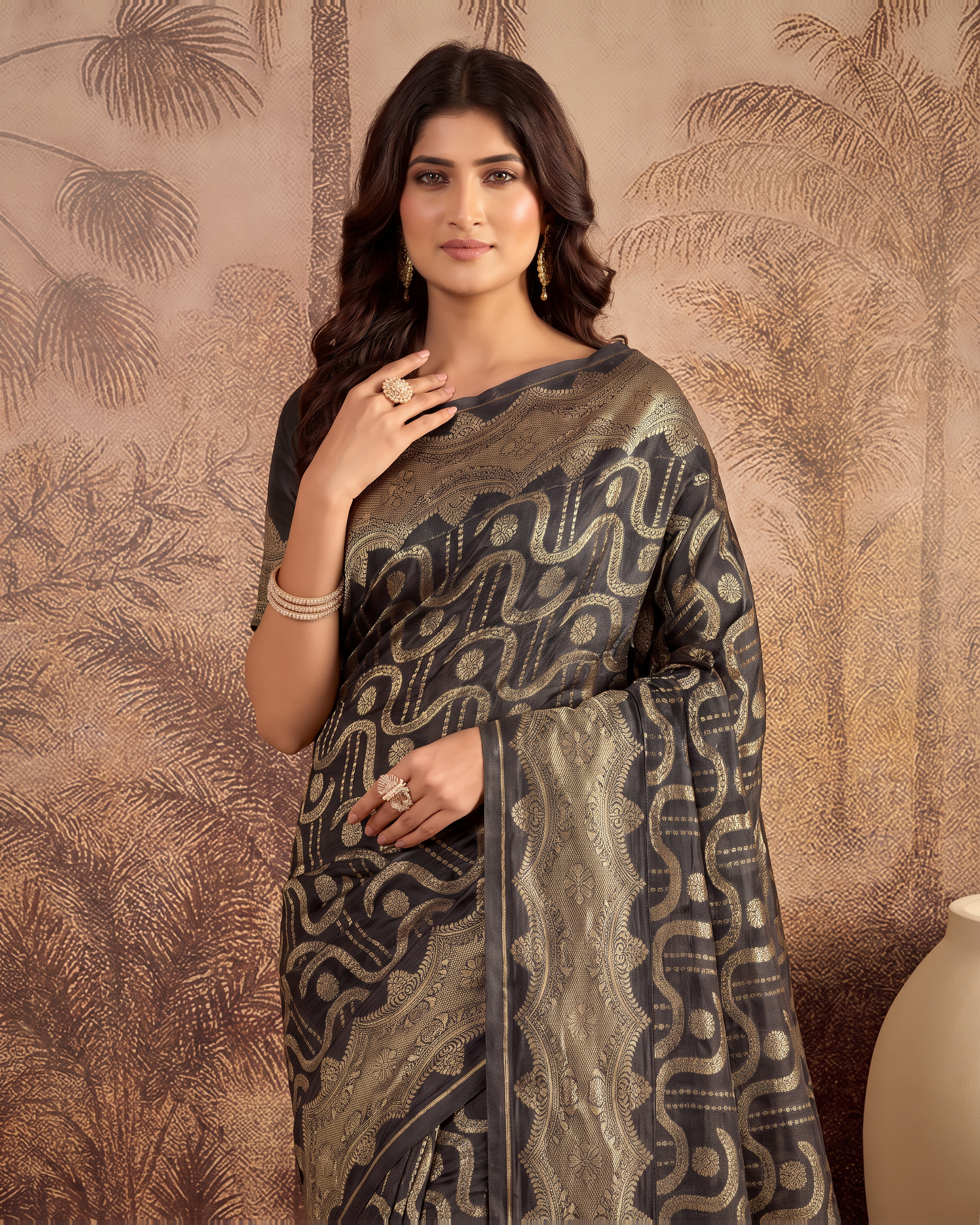 Nandini Dark Zari Border Paithani Silk Saree - Black - upper closeup