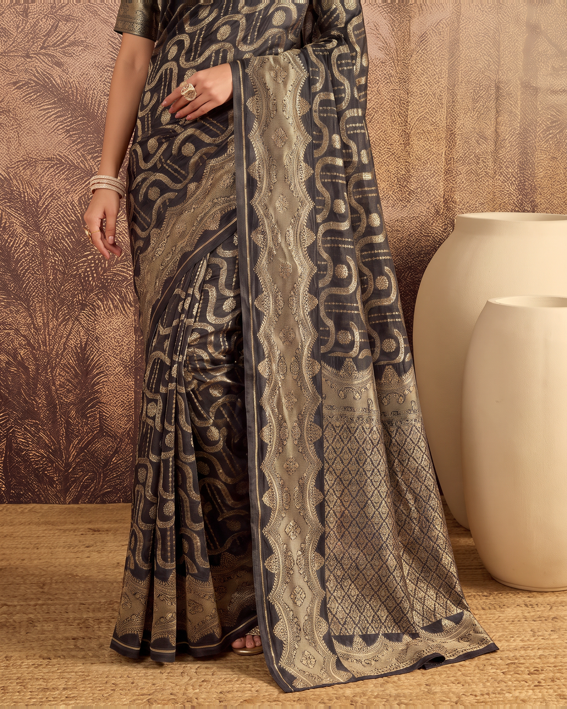Nandini Dark Zari Border Paithani Silk Saree - Black - lower border closeup