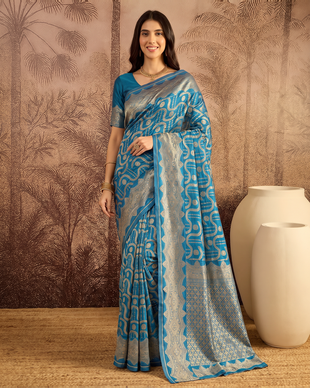 Nandini Dark Zari Border Paithani Silk Saree - Dark Firozi - full saree hero