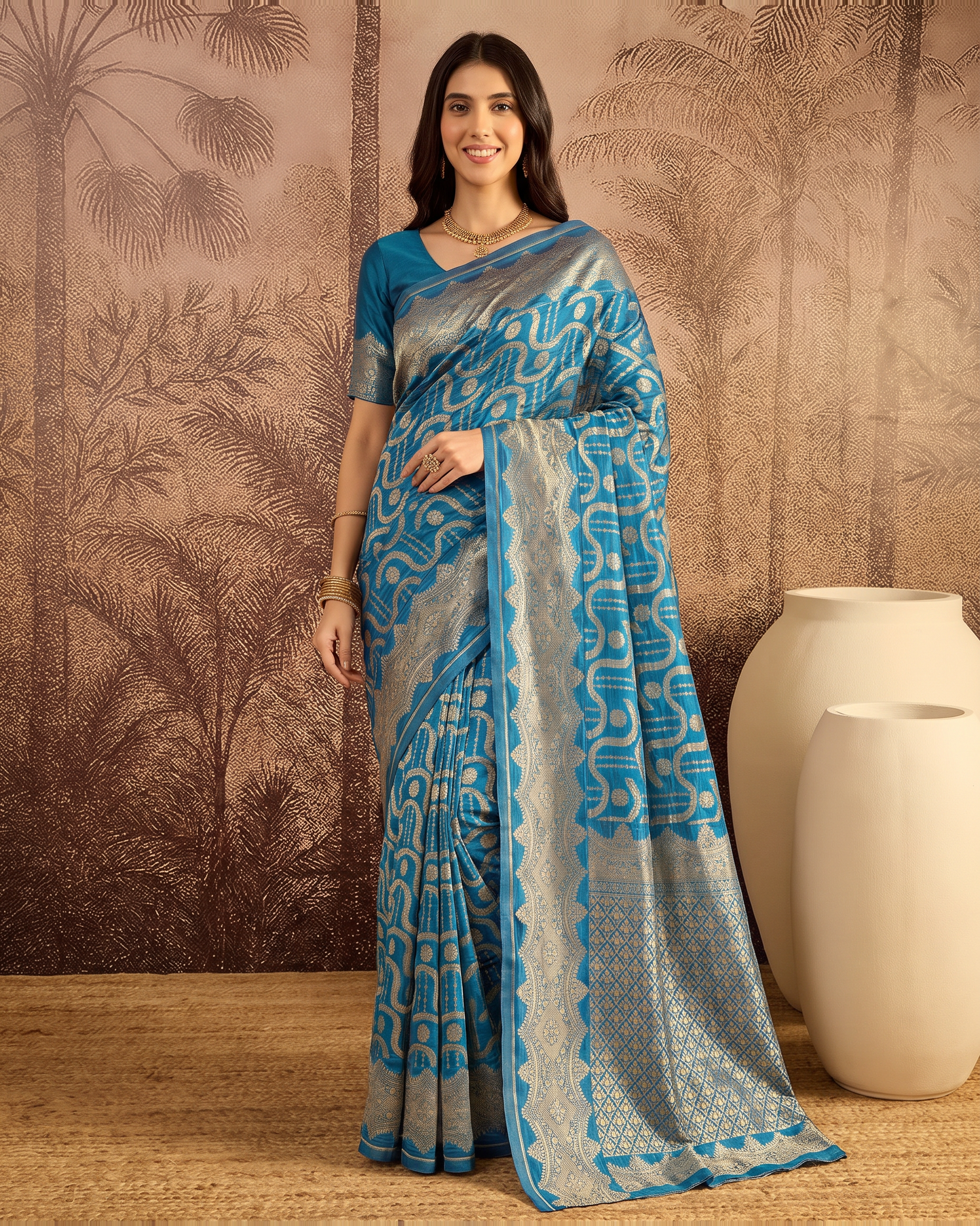 Nandini Dark Zari Border Paithani Silk Saree - Dark Firozi - full saree hero