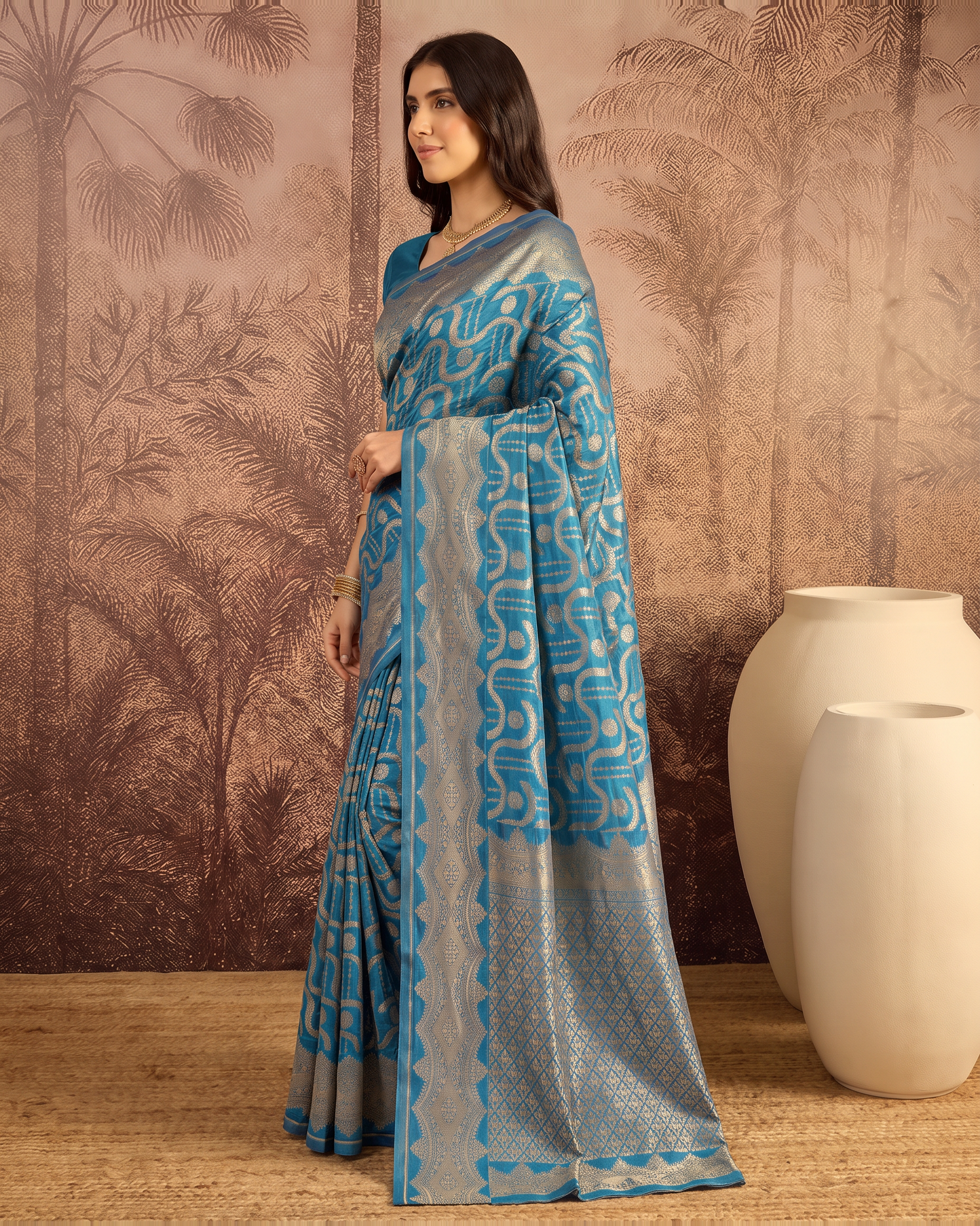 Nandini Dark Zari Border Paithani Silk Saree - Dark Firozi - side drape