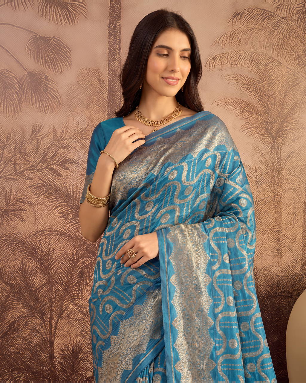 Nandini Dark Zari Border Paithani Silk Saree - Dark Firozi - upper closeup