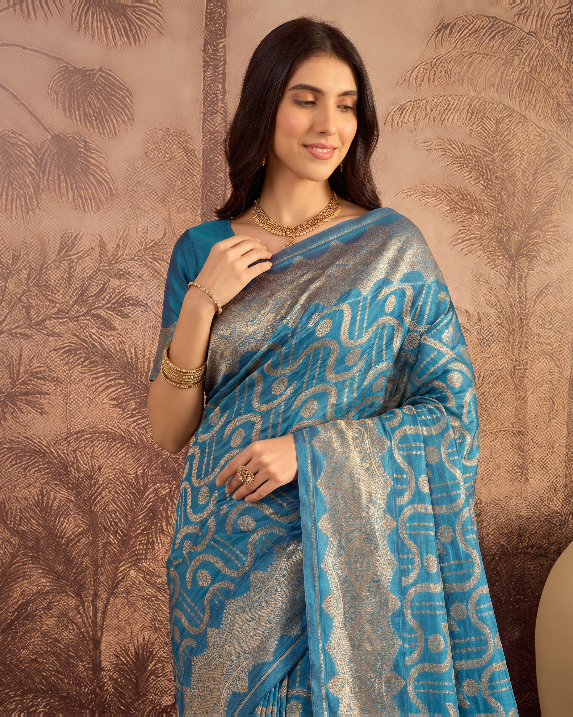 Nandini Dark Zari Border Paithani Silk Saree - Dark Firozi - upper closeup
