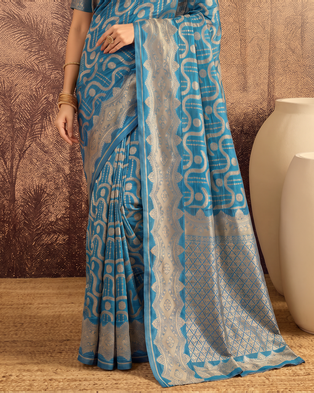Nandini Dark Zari Border Paithani Silk Saree - Dark Firozi - lower border closeup