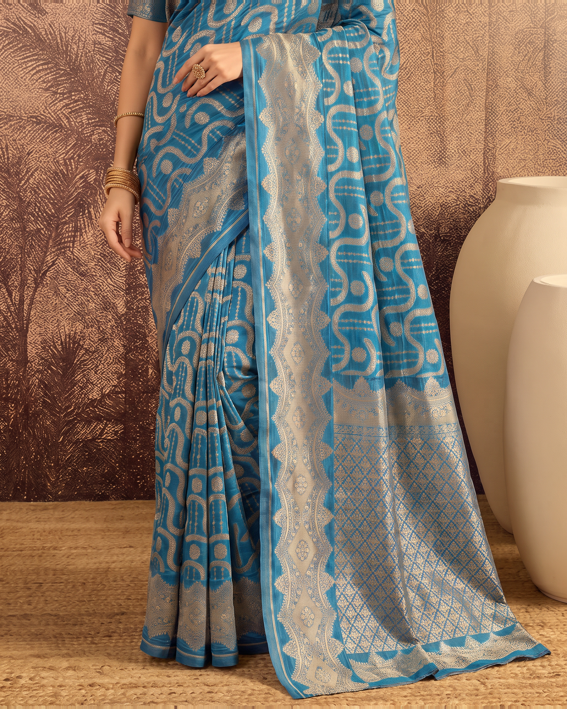 Nandini Dark Zari Border Paithani Silk Saree - Dark Firozi - lower border closeup