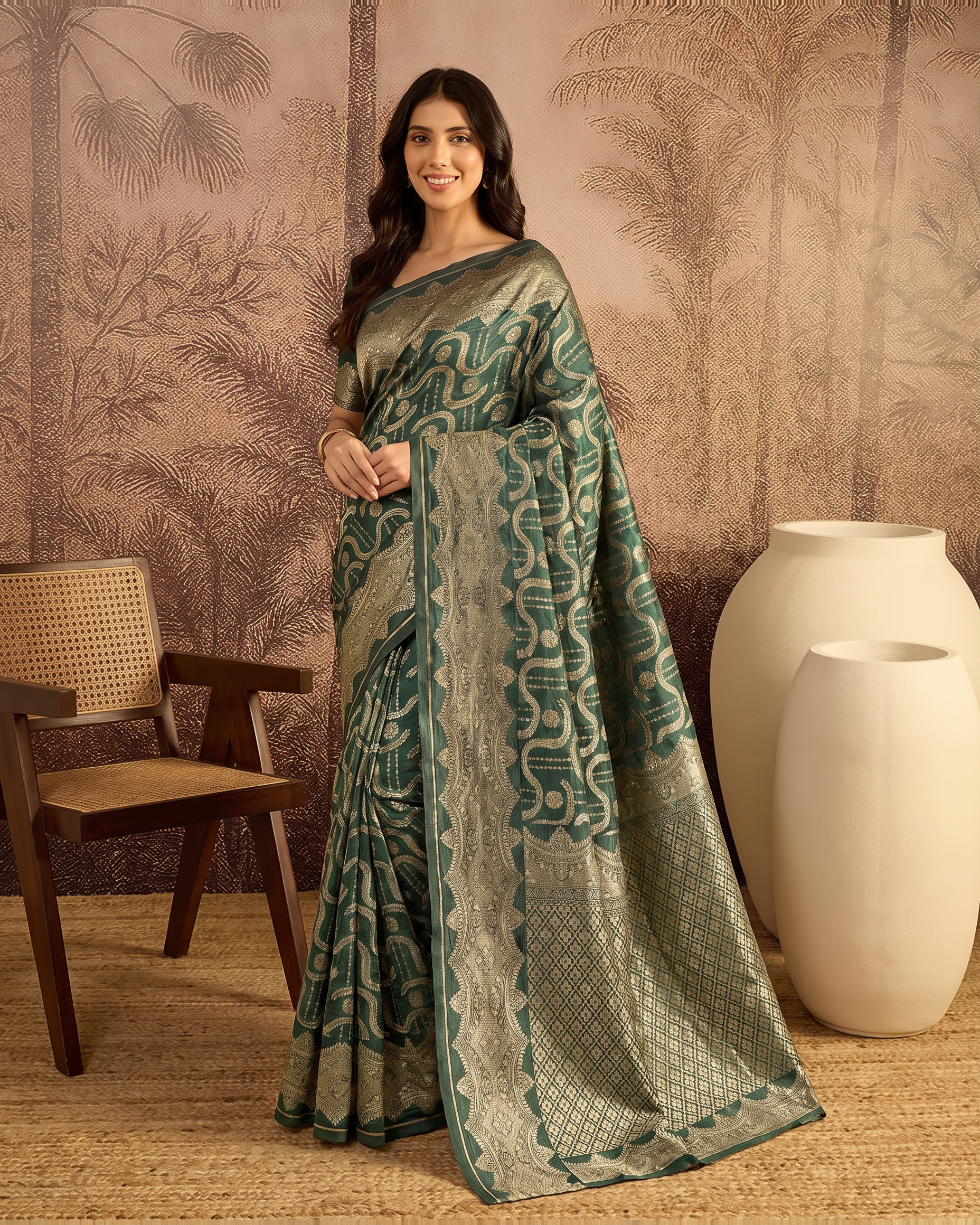 Nandini Dark Zari Border Banarasi Silk Saree - Dark Green - full saree hero