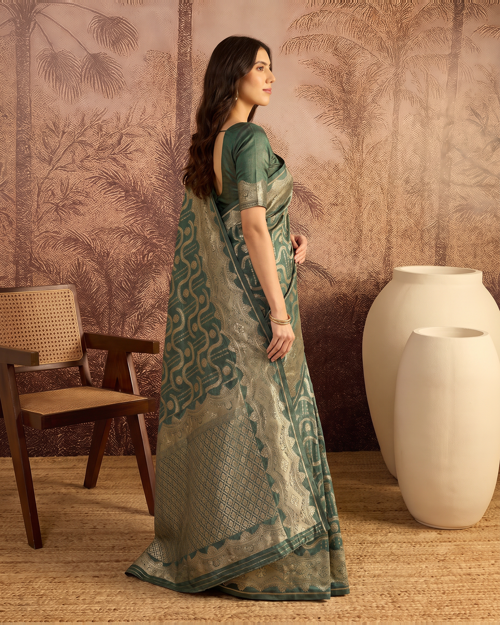 Nandini Dark Zari Border Paithani Silk Saree - Dark Green - side drape