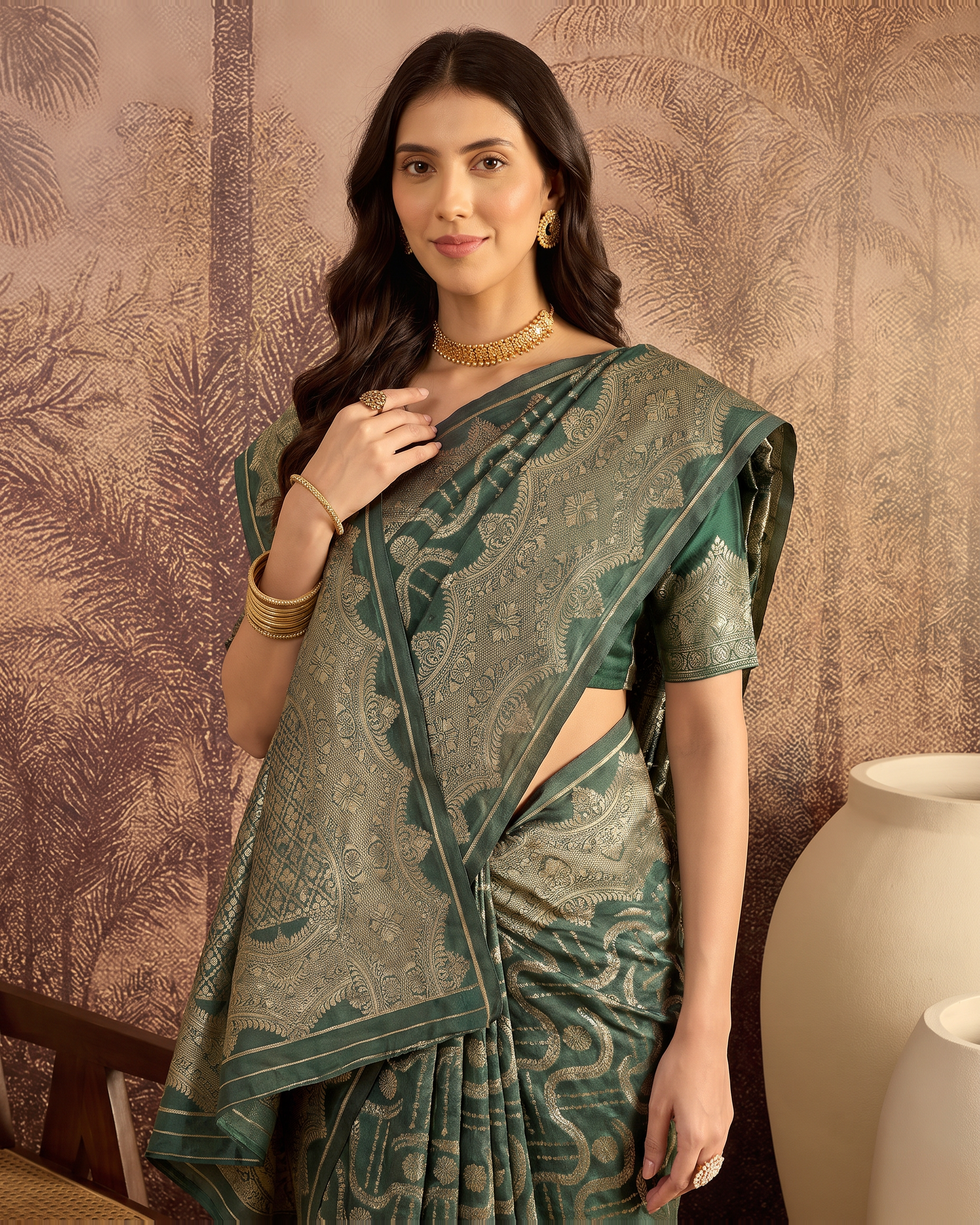 Nandini Dark Zari Border Paithani Silk Saree - Dark Green - upper closeup