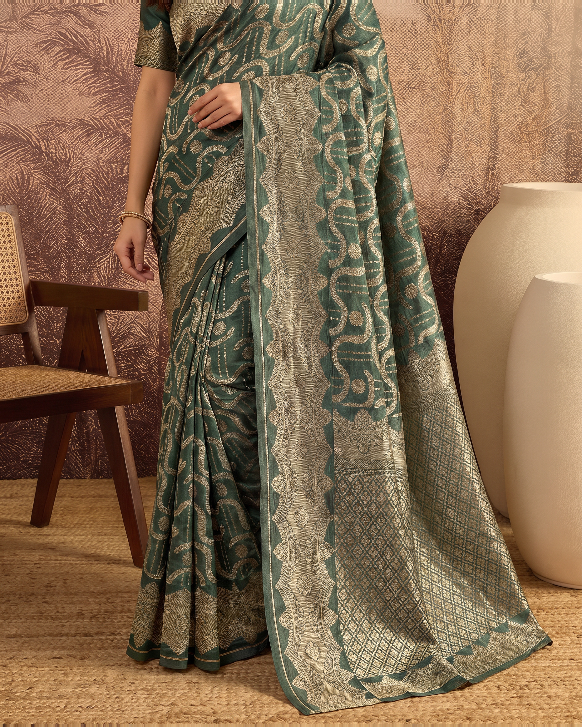 Nandini Dark Zari Border Paithani Silk Saree - Dark Green - lower border closeup