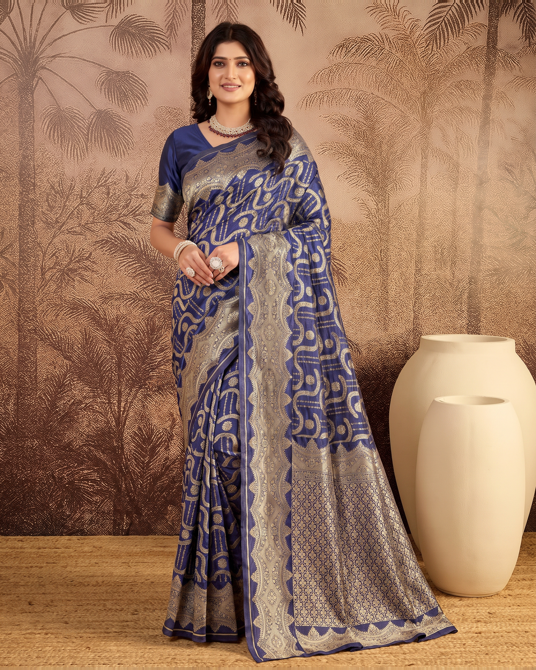 Nandini Dark Zari Border Banarasi Silk Saree - Navy Blue - full saree hero