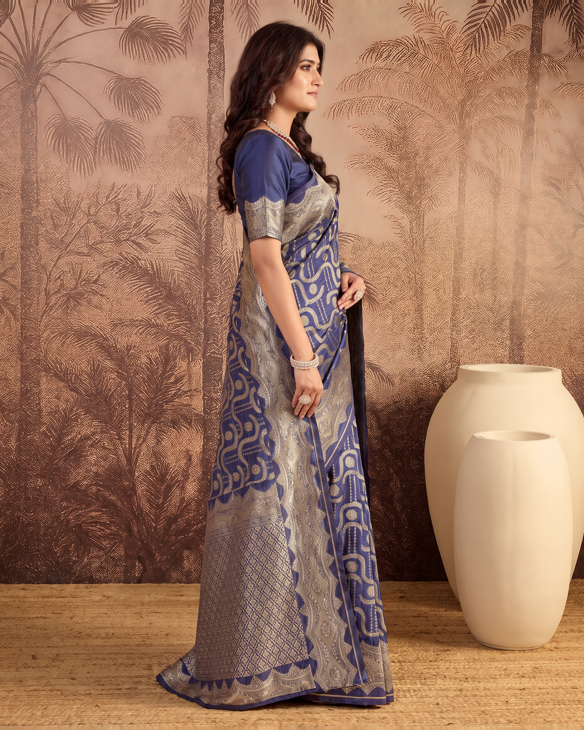 Nandini Dark Zari Border Paithani Silk Saree - Navy Blue - side drape