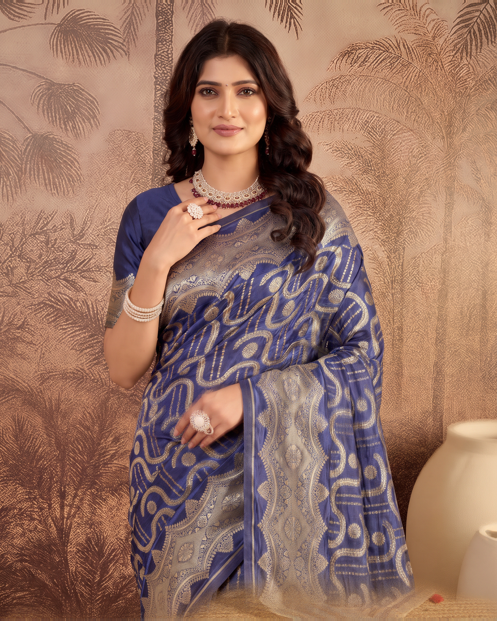 Nandini Dark Zari Border Paithani Silk Saree - Navy Blue - upper closeup