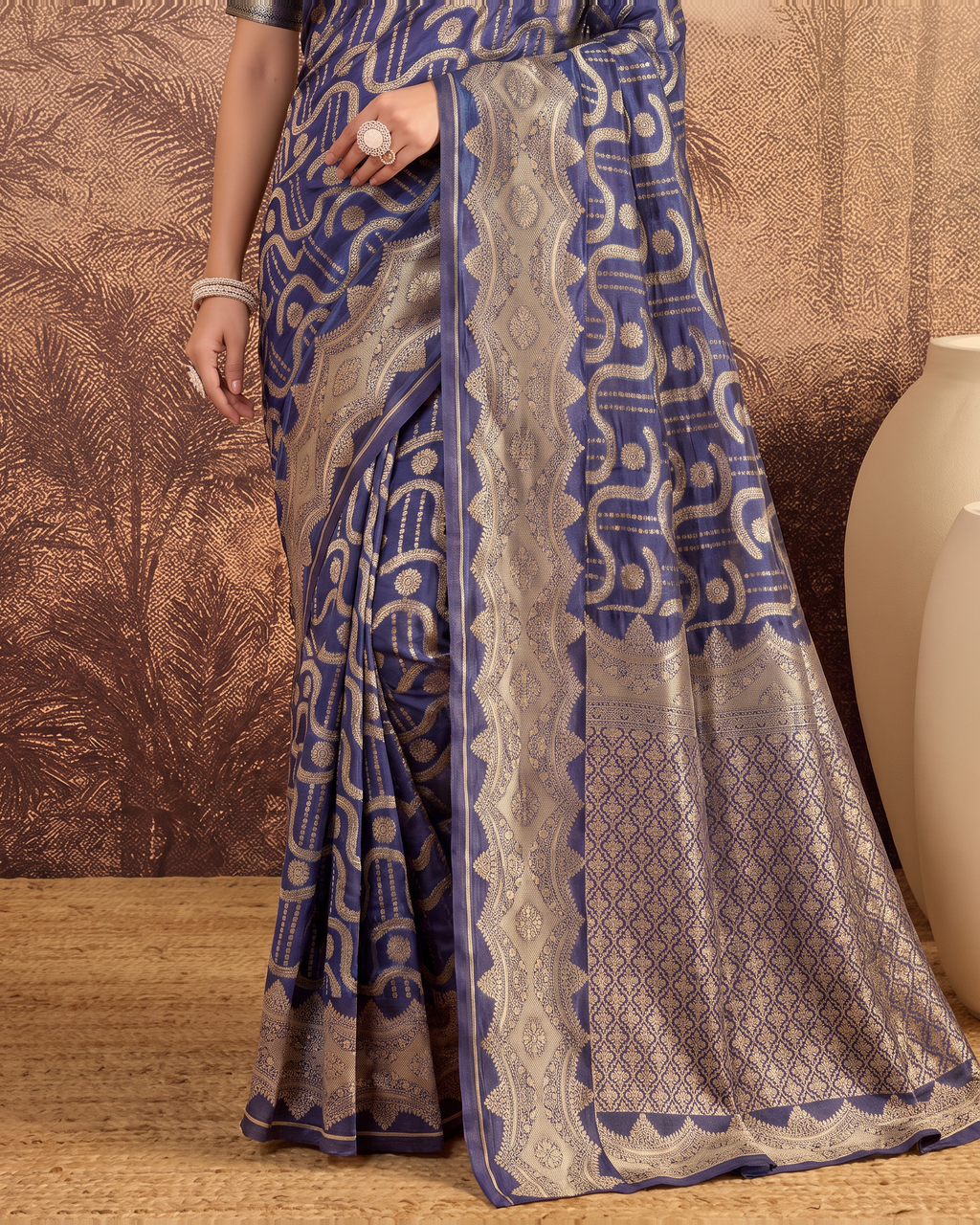 Nandini Dark Zari Border Paithani Silk Saree - Navy Blue - lower border closeup