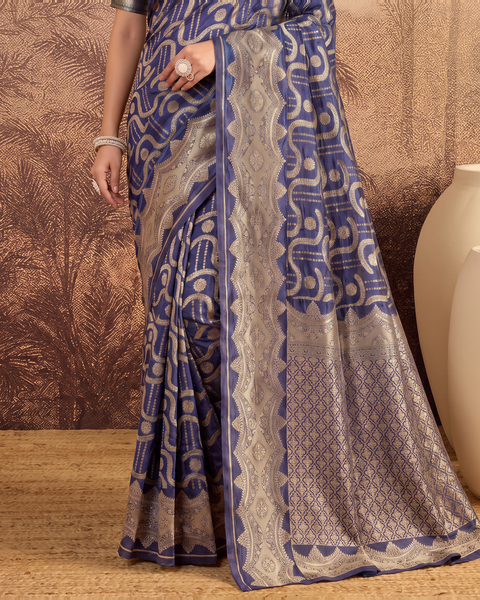 Nandini Dark Zari Border Paithani Silk Saree - Navy Blue - lower border closeup