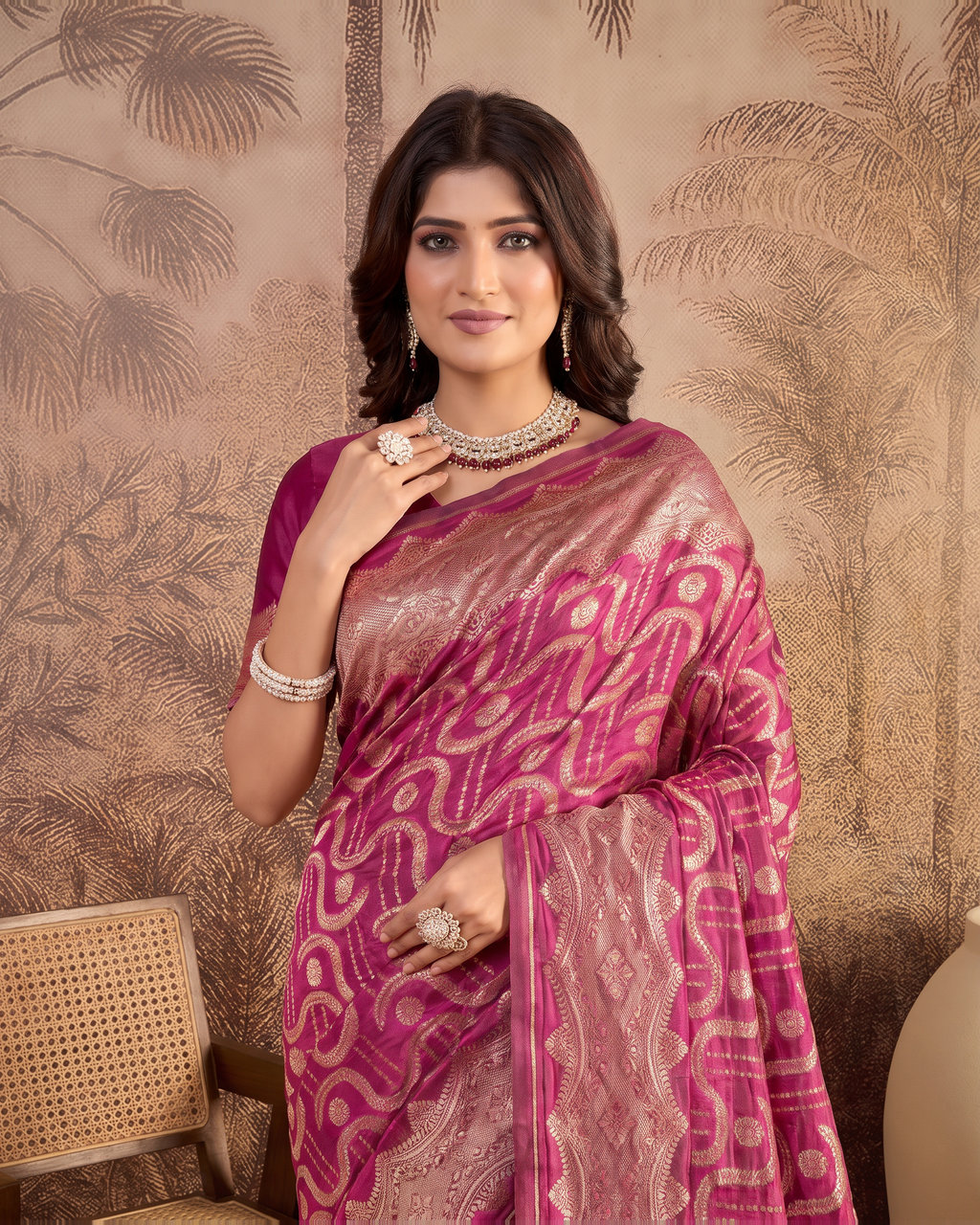 Nandini Dark Zari Border Paithani Silk Saree - New Wine - upper closeup