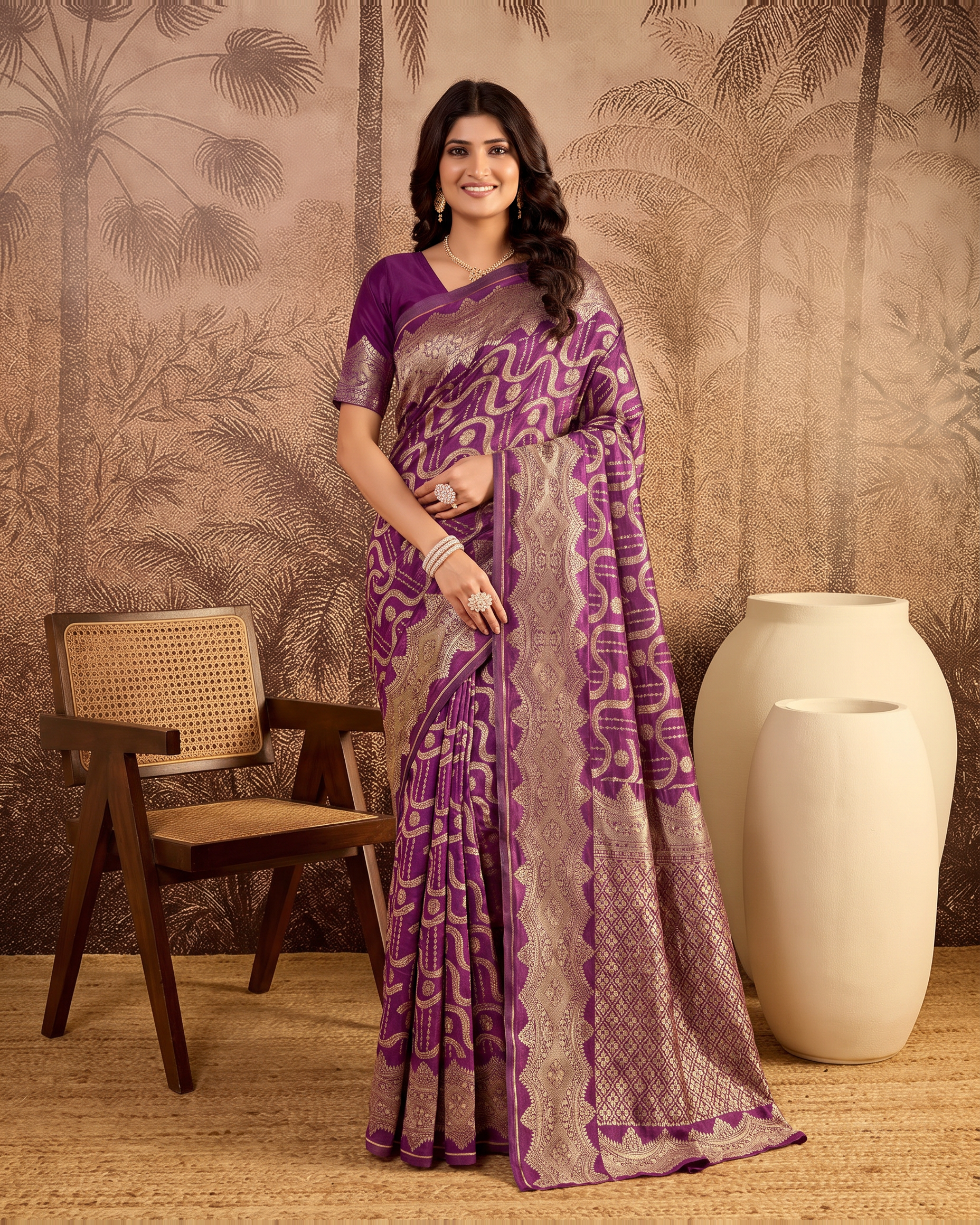 Nandini Dark Zari Border Banarasi Silk Saree - Purple - full saree hero