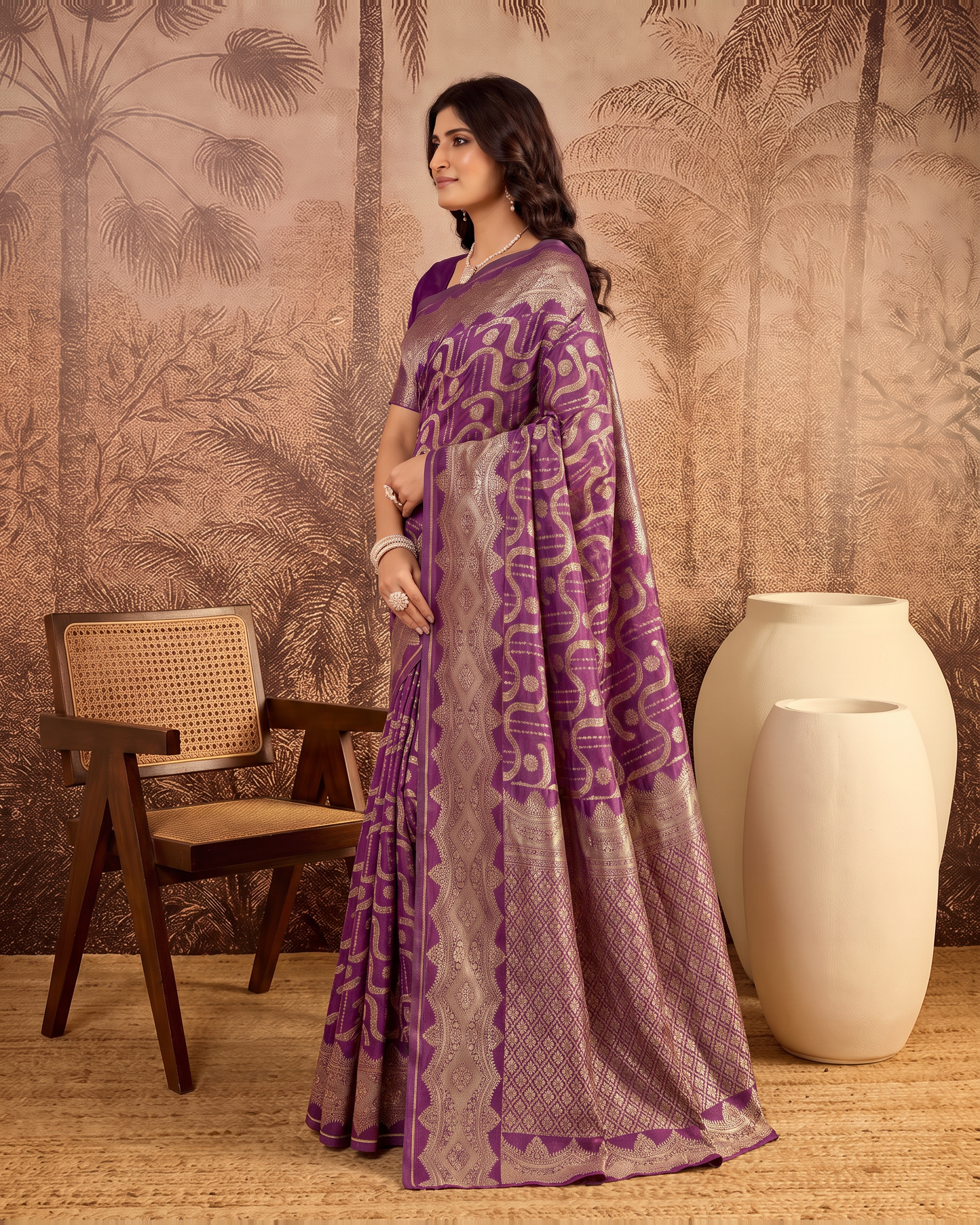 Nandini Dark Zari Border Paithani Silk Saree - Purple - side drape