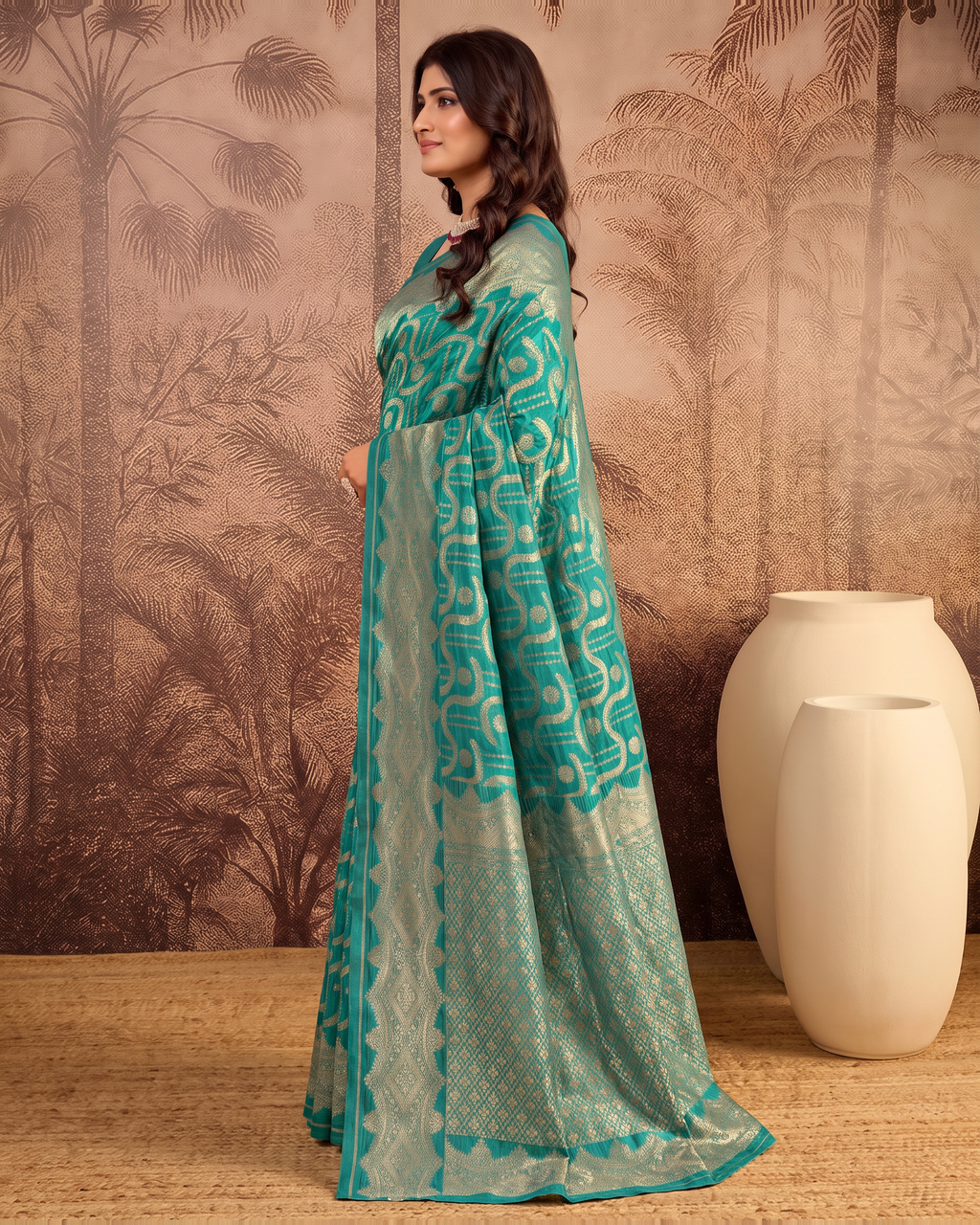 Nandini Dark Zari Border Paithani Silk Saree - Rama Green - side drape