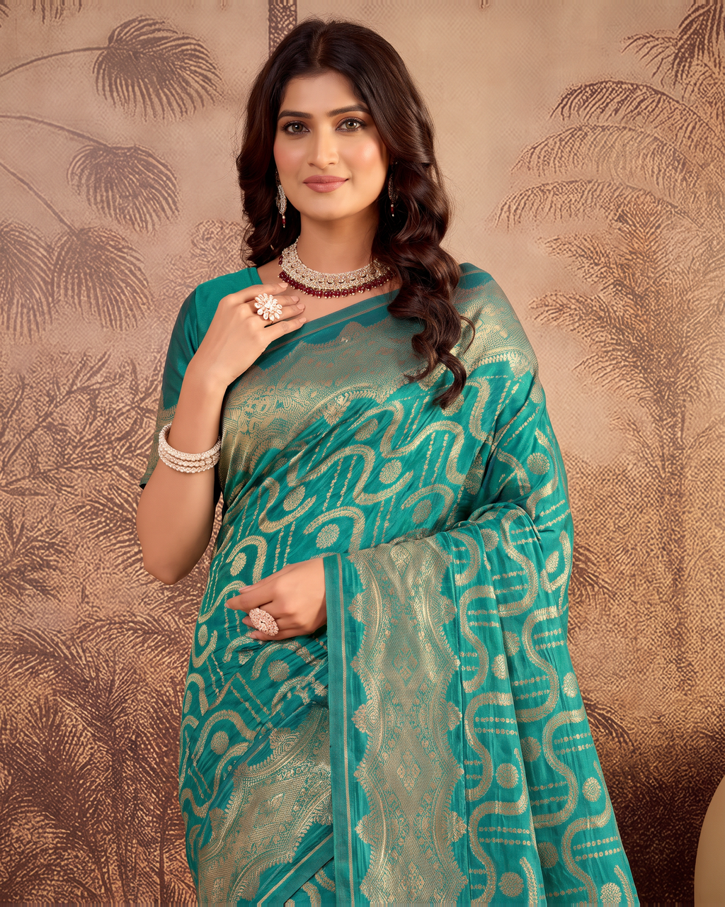 Nandini Dark Zari Border Paithani Silk Saree - Rama Green - upper closeup