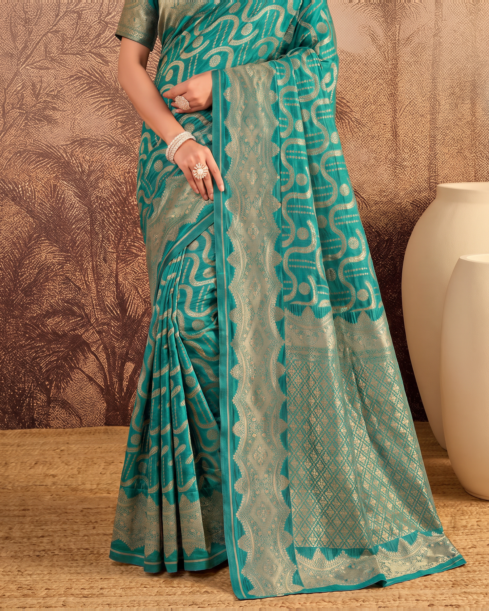 Nandini Dark Zari Border Paithani Silk Saree - Rama Green - lower border closeup