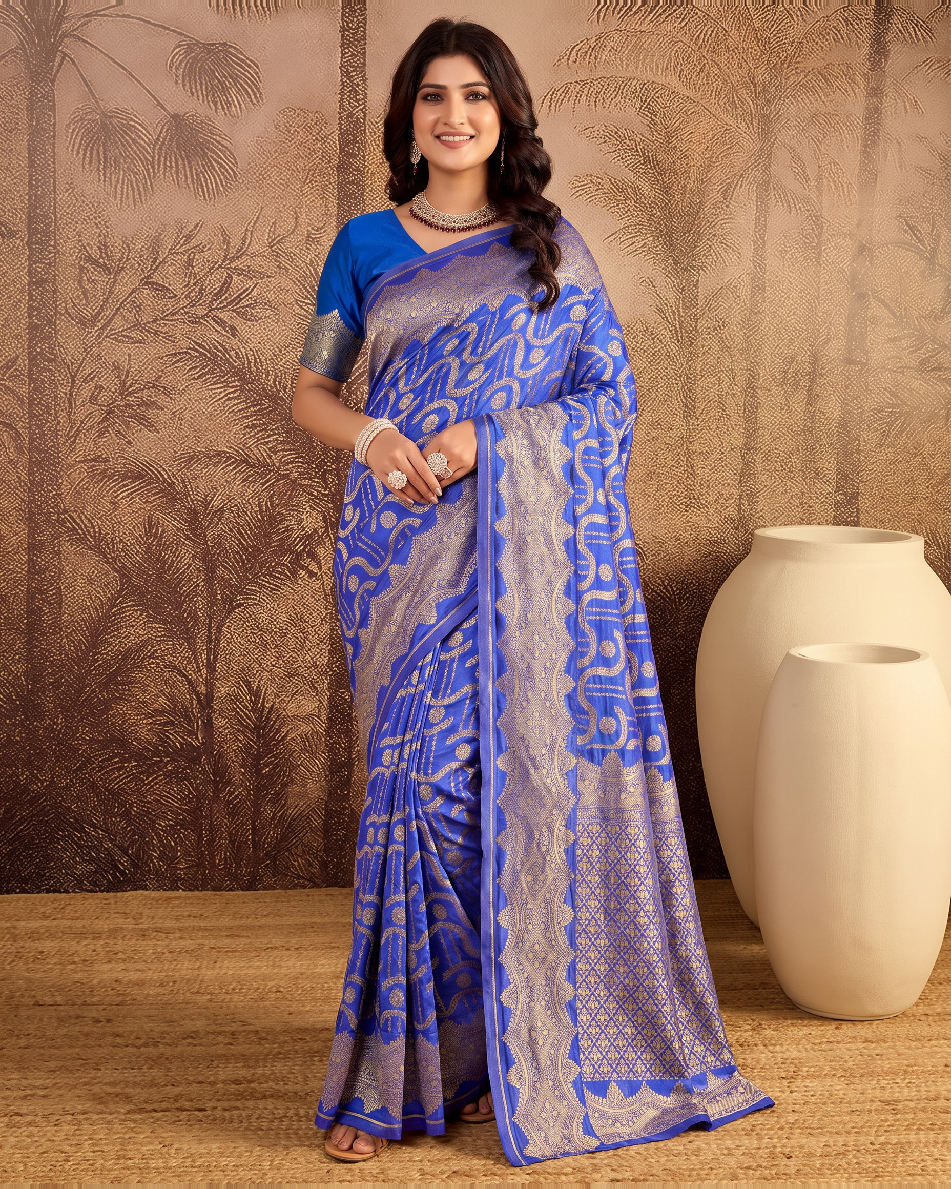 Nandini Dark Zari Border Banarasi Silk Saree - Royal Blue - full saree hero