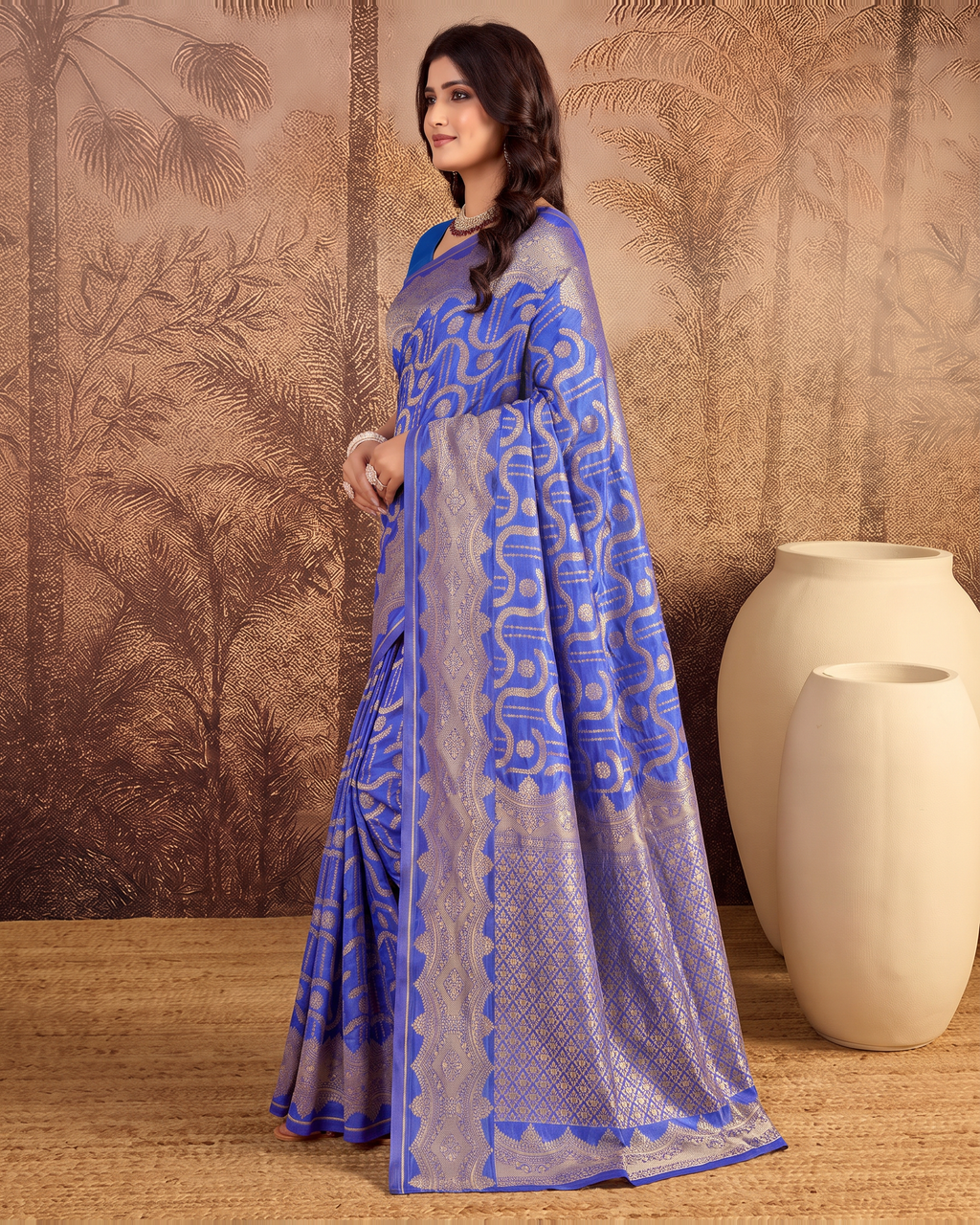 Nandini Dark Zari Border Paithani Silk Saree - Royal Blue - side drape