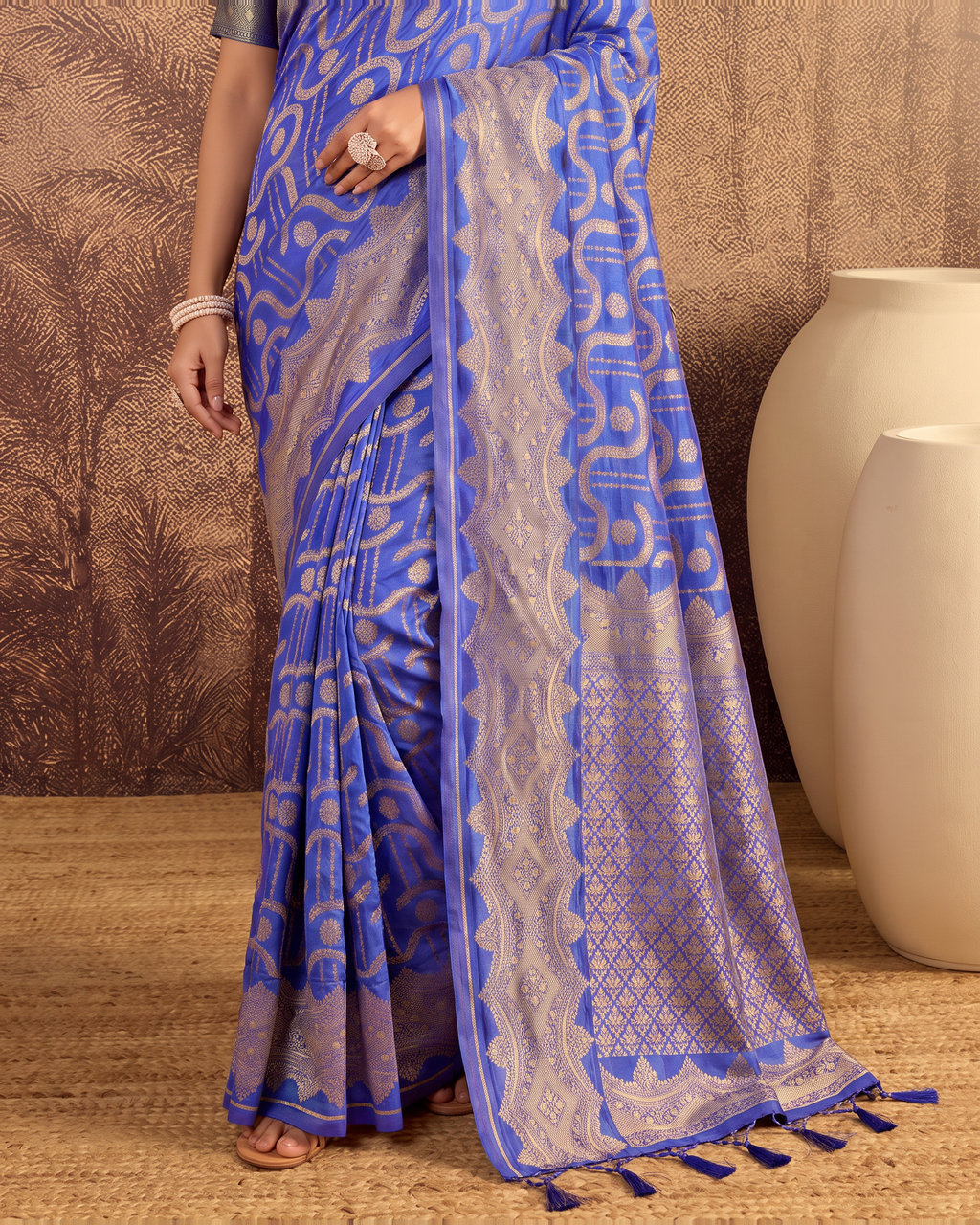 Nandini Dark Zari Border Paithani Silk Saree - Royal Blue - lower border closeup