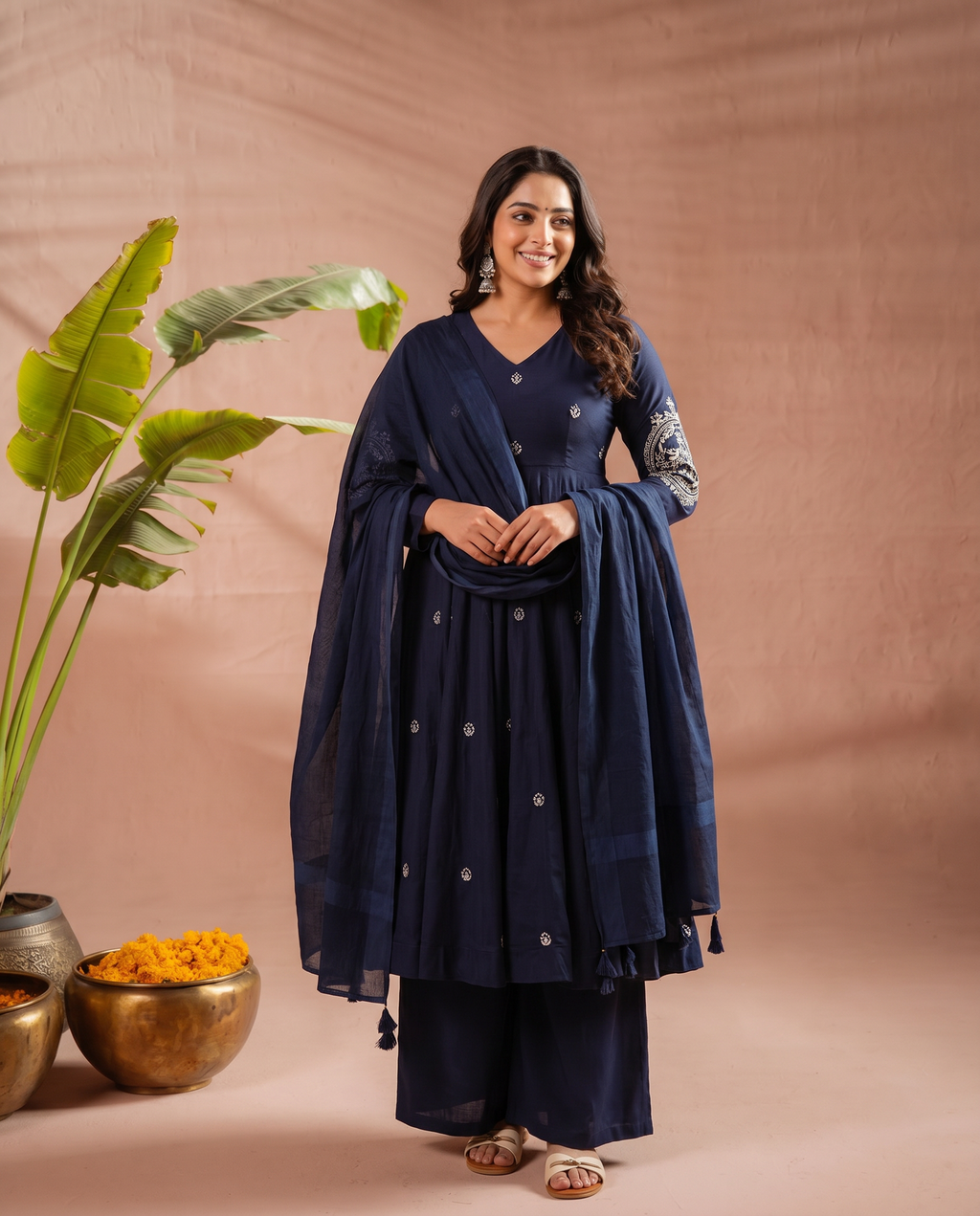 Navy Blue Embroidered Anarkali Salwar Suit Set - hero