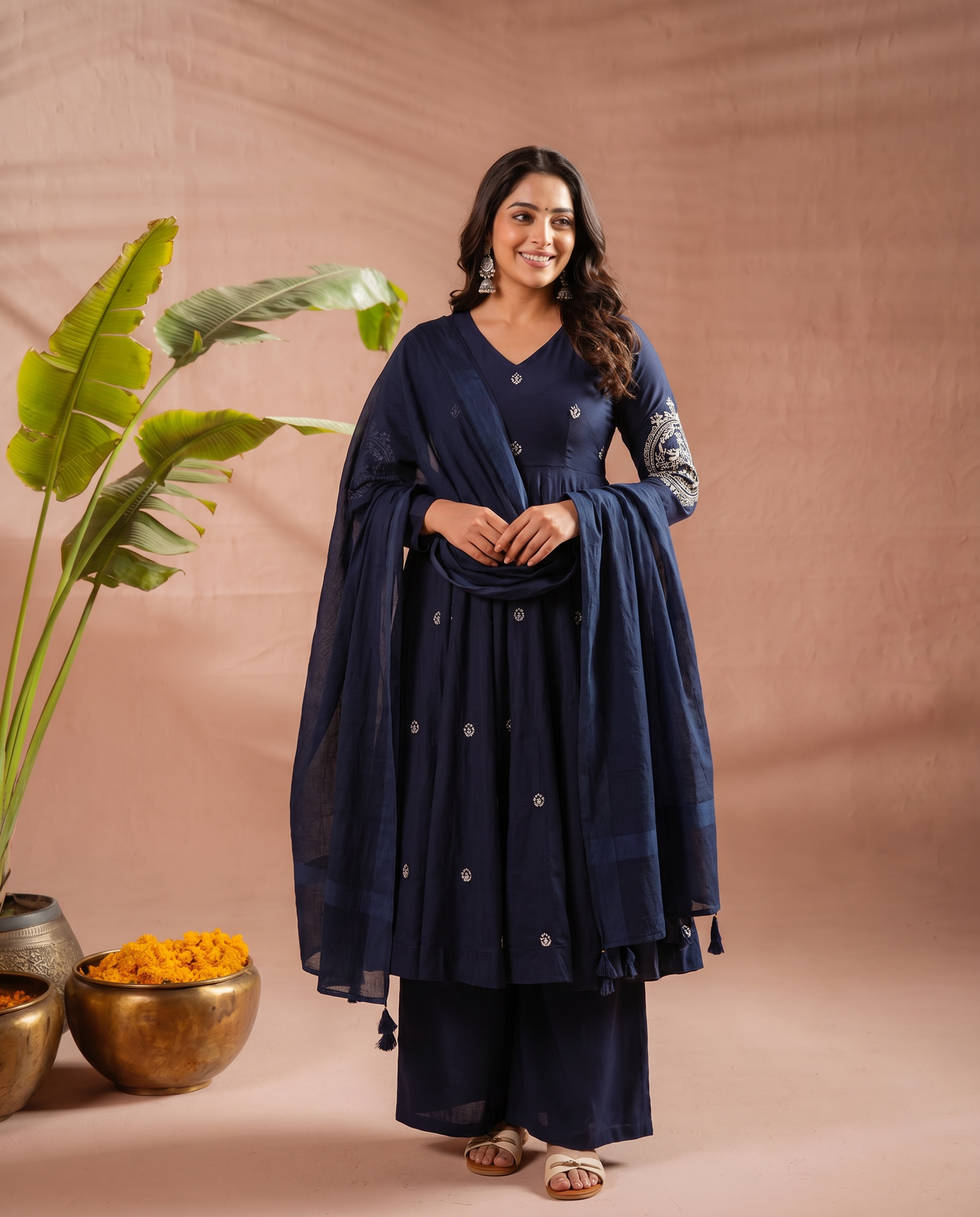 Navy Blue Embroidered Anarkali Salwar Suit Set - hero