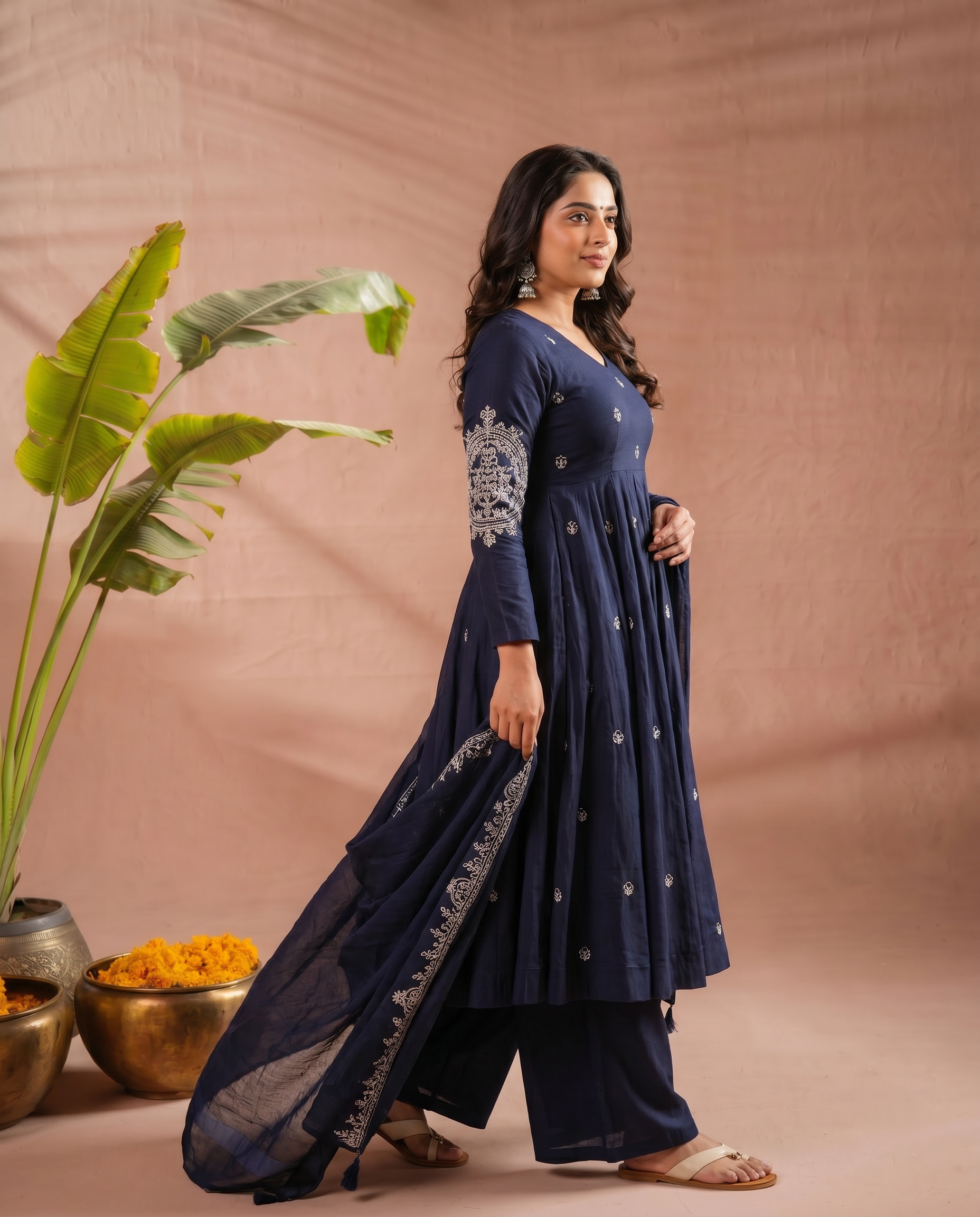 Navy Blue Embroidered Anarkali Salwar Suit Set - angled movement
