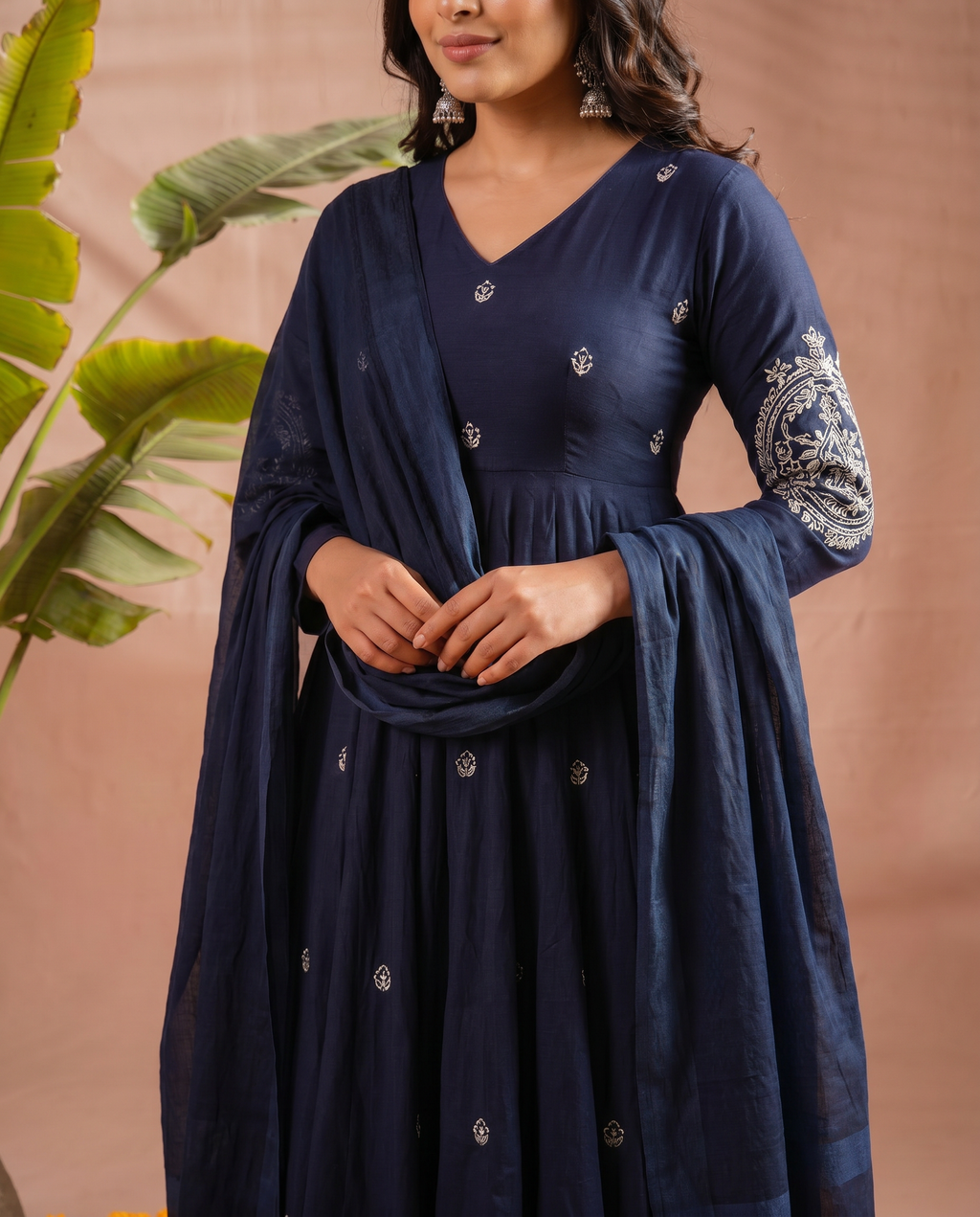 Navy Blue Embroidered Anarkali Salwar Suit Set - detail closeup