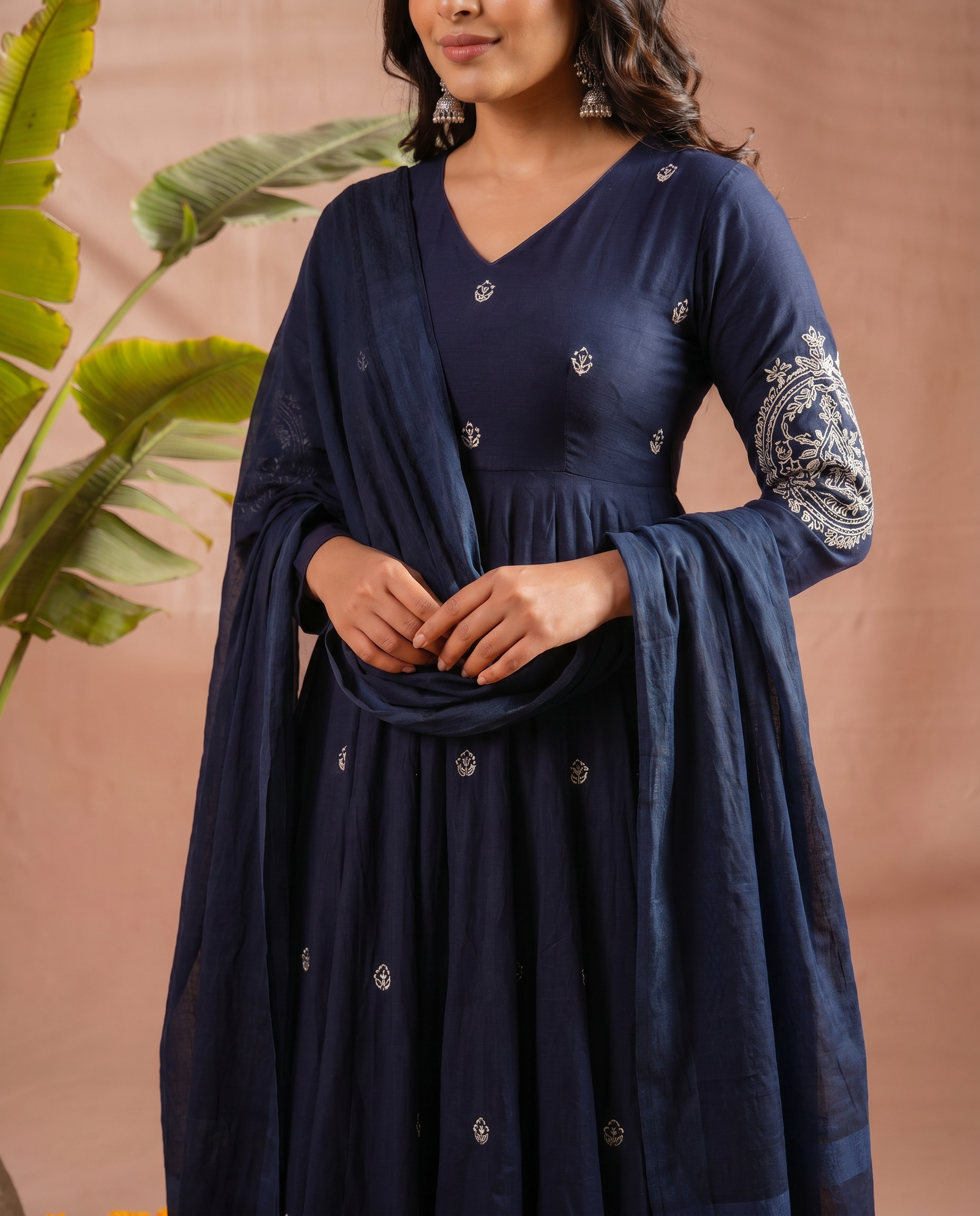 Navy Blue Embroidered Anarkali Salwar Suit Set - detail closeup