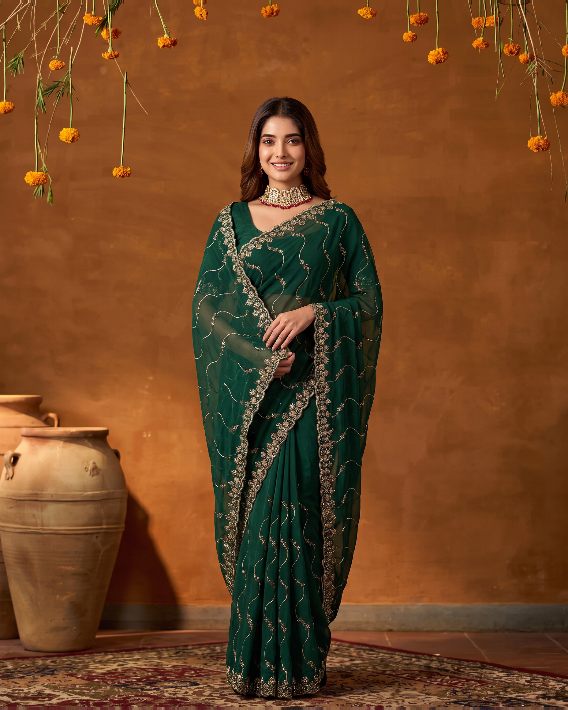 Navya Star Leheriya Festive Saree with Flowing Pallu - Green - full saree hero