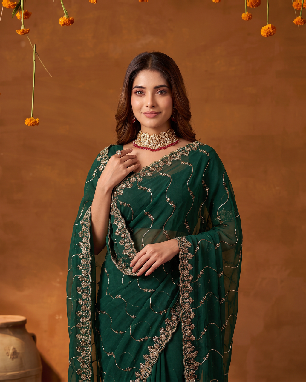 Navya Star Leheriya Festive Saree with Flowing Pallu - Green - upper closeup